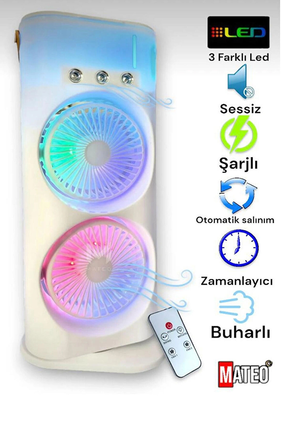 Smart Taşınabilir Işıklı 3 Spreyli Şarjlı Vantilatör Buzlu Buharlı  Mini Fan Nemlendirici