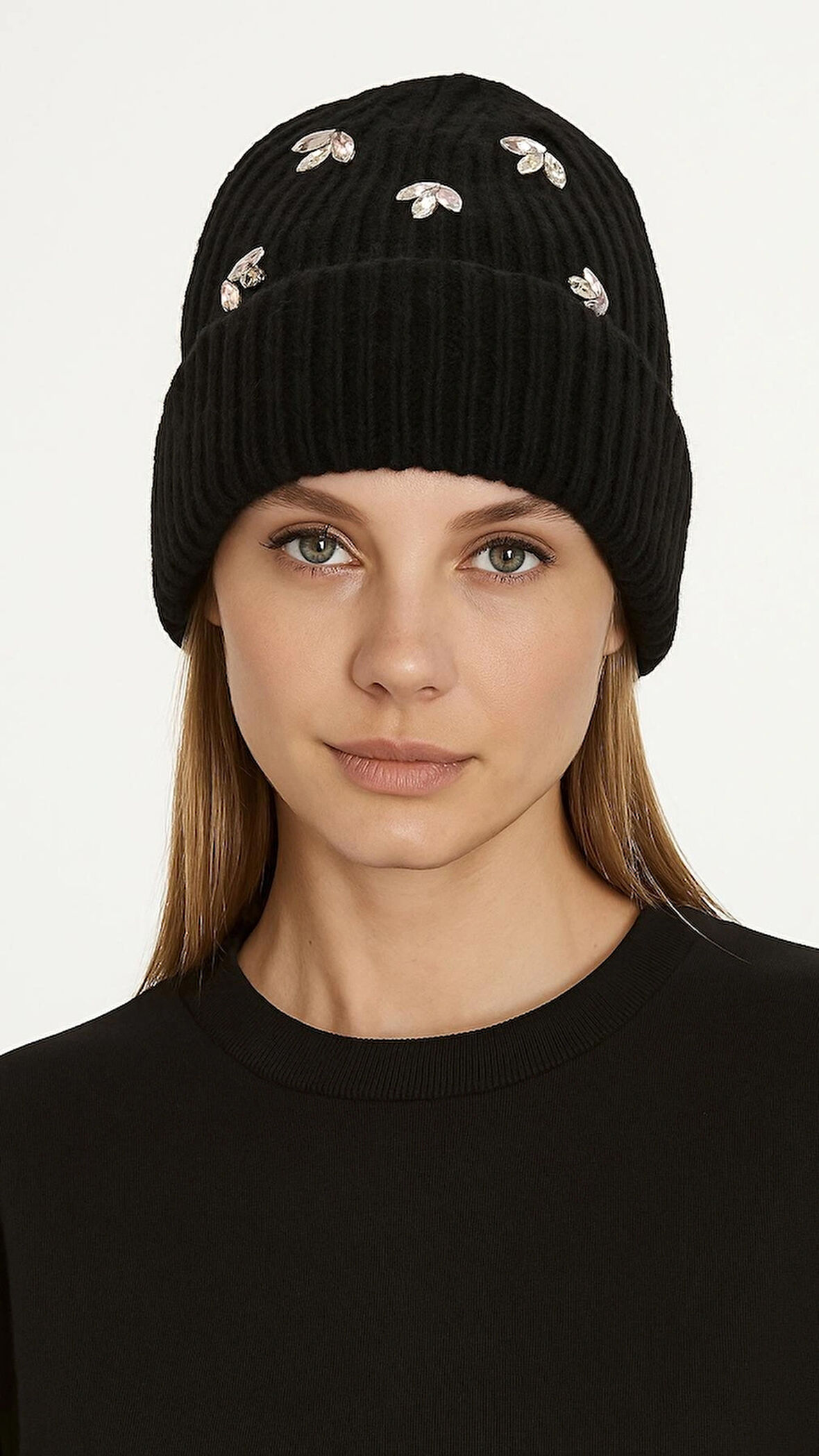 Taş Detaylı Antrasit Bere – Soft Pembe & Silver Kristal Taşlı