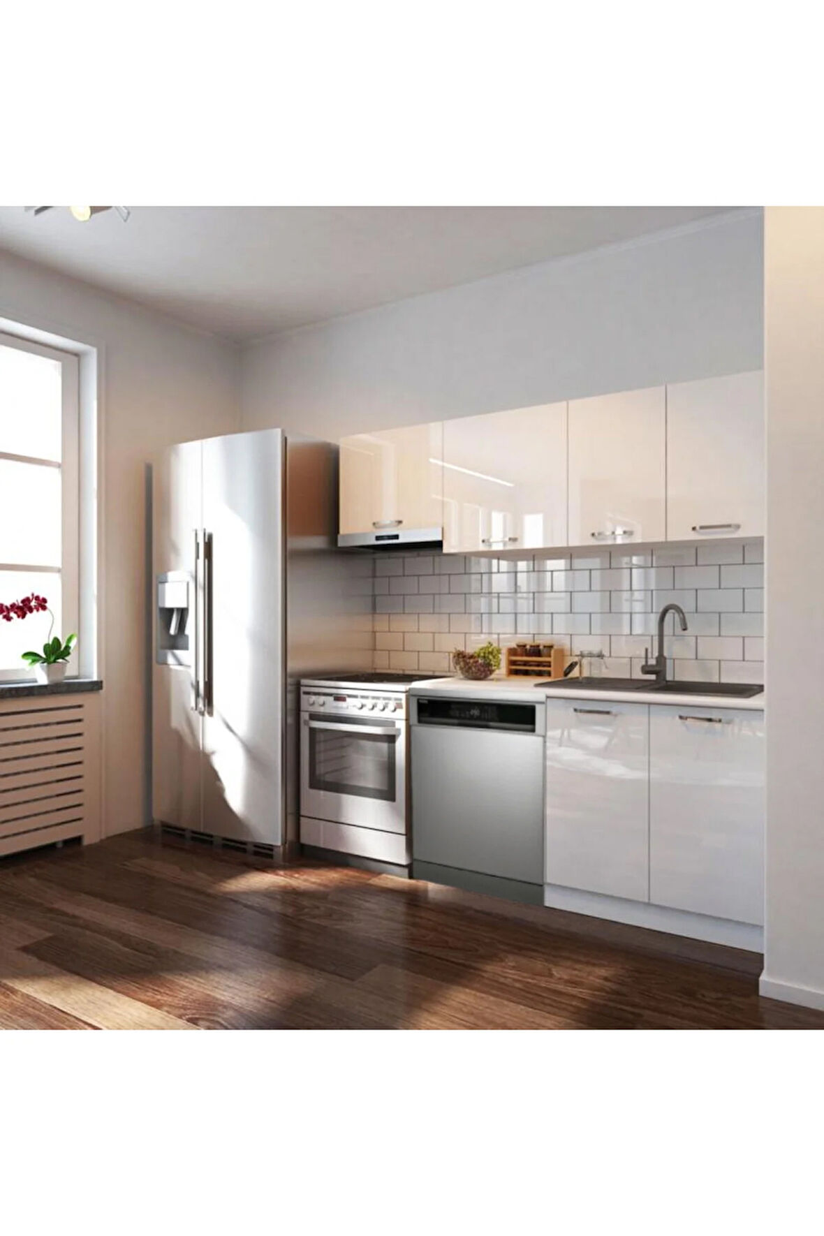 Puka Hazır Mutfak Dolabı 200cm Parlak-Beyaz Laminat Tezgah Dahil-Bulaşık Makinesi Yeri Mevcut-Parlak