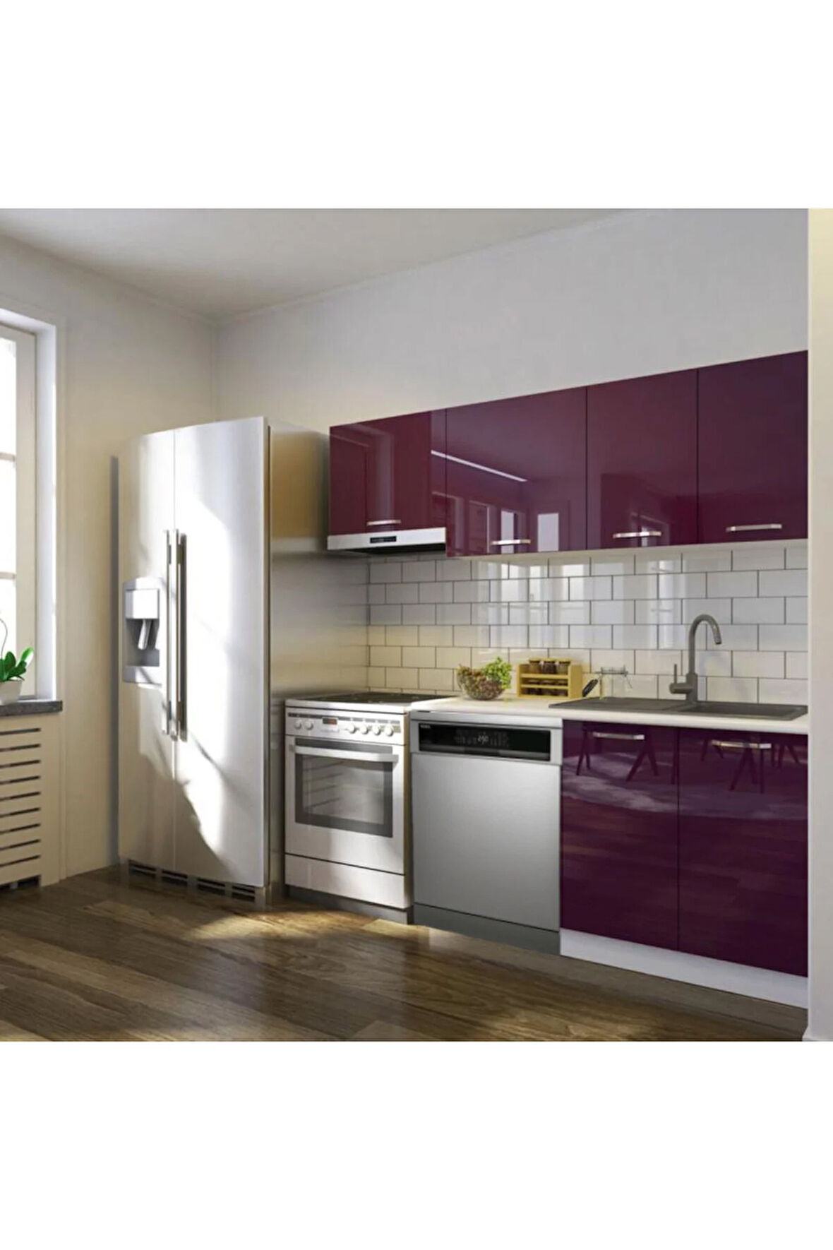 Puka Hazır Mutfak Dolabı 200cm Parlak-Beyaz Laminat Tezgah Dahil-Bulaşık Makinesi Yeri Mevcut-Parlak