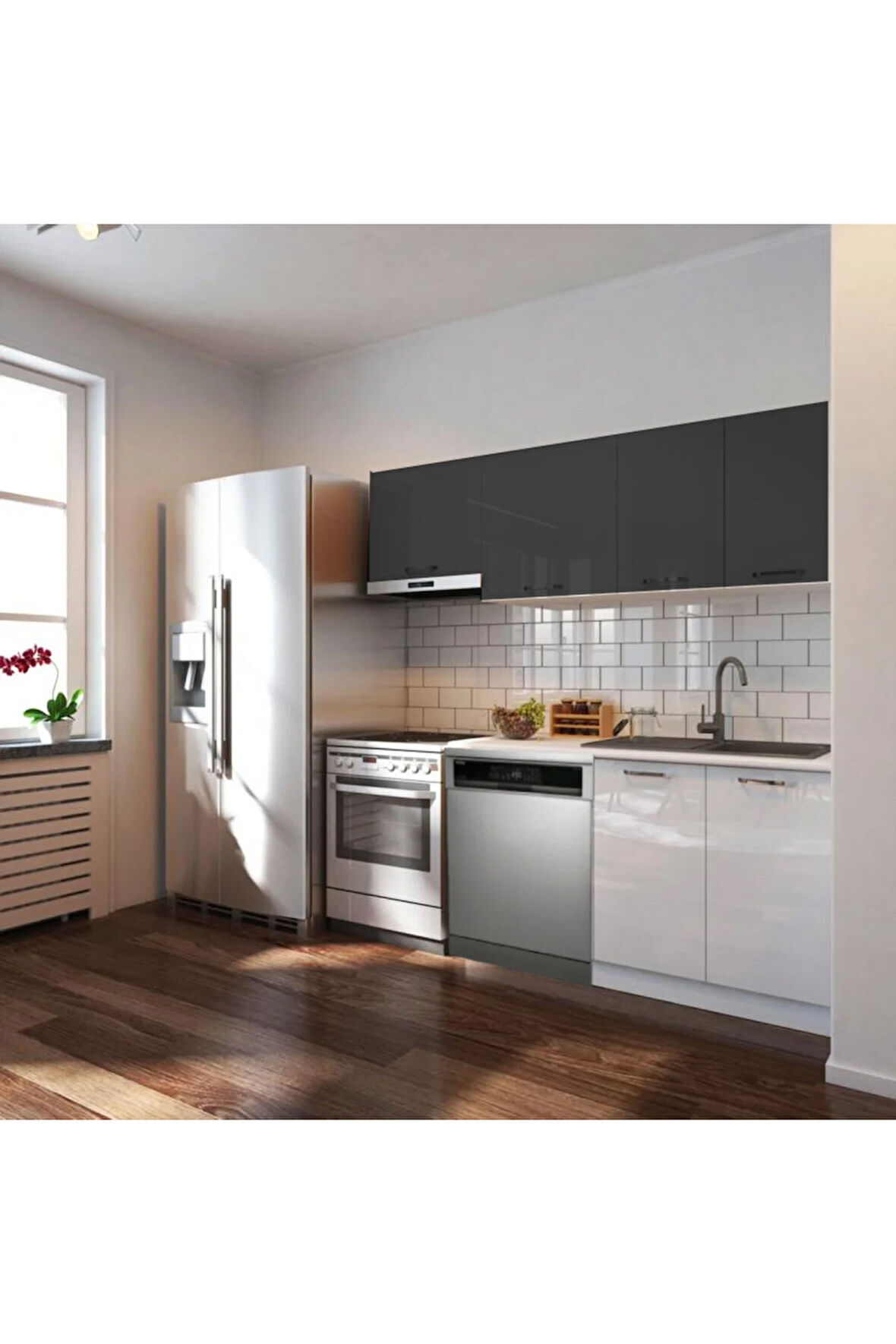 Puka Hazır Mutfak Dolabı 200cm Parlak-Beyaz Laminat Tezgah Dahil-Bulaşık Makinesi Yeri Mevcut-Parlak