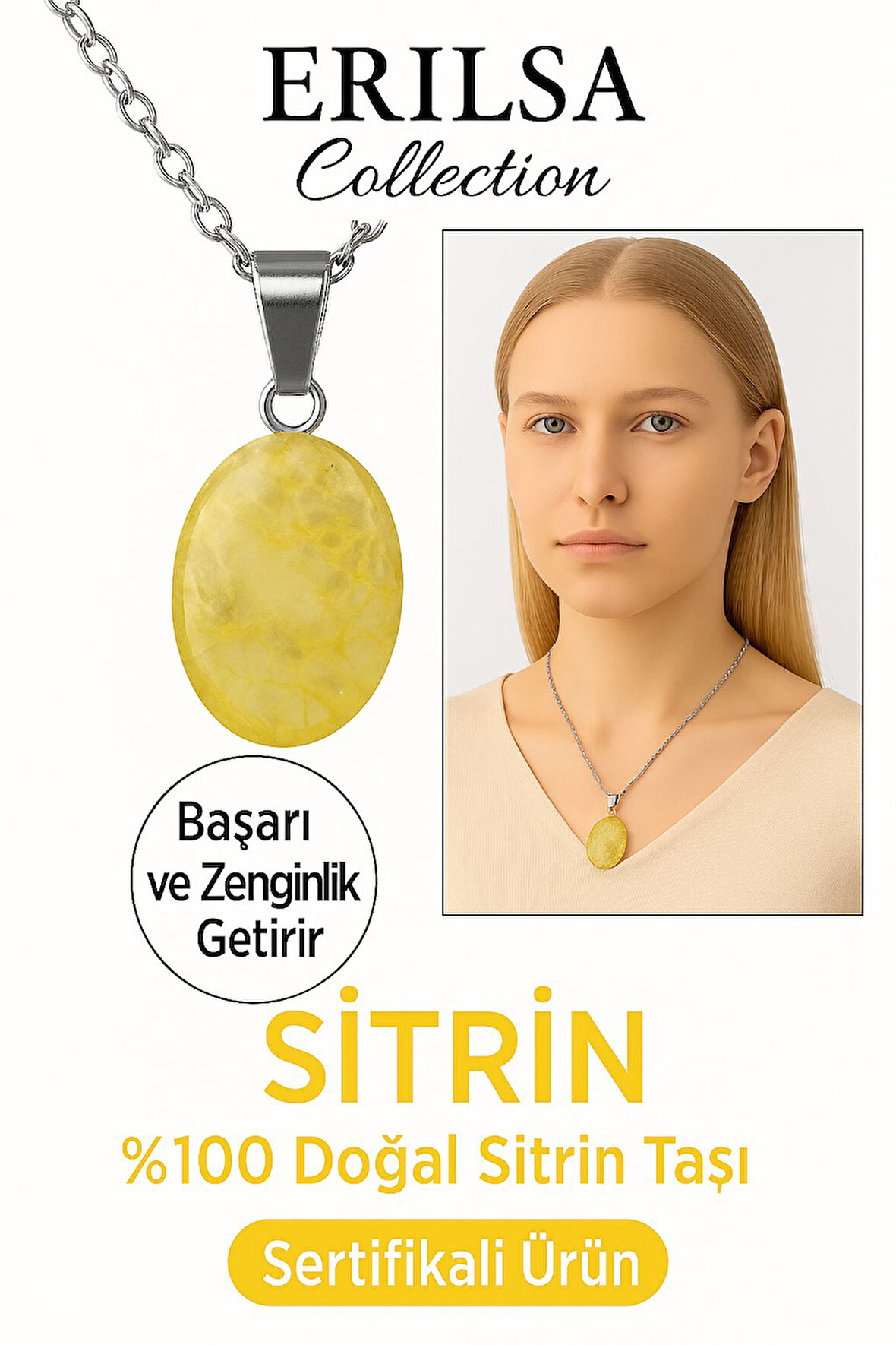 Sertifikalı Oval Sitrin Taşı Doğal Taş Kolye – Bolluk ve Bereket Enerjisiyle Hayatına Işık Katar