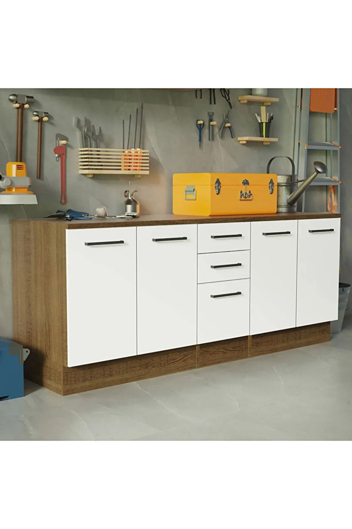 Vant Mutfak 4 Kapaklı-3 Çekmeceli Alt Modül -200 cm - Çok Amaçlı Dolap -Beyaz-Tezgah Dahil