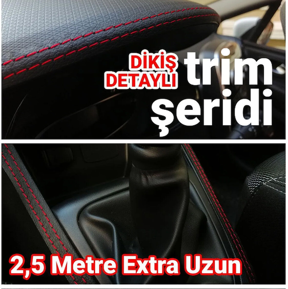 Araç Içi Kırmızı Dikiş Detaylı Kendinden Yapışkanlı Deri Trim Şerit 2,5 Metre