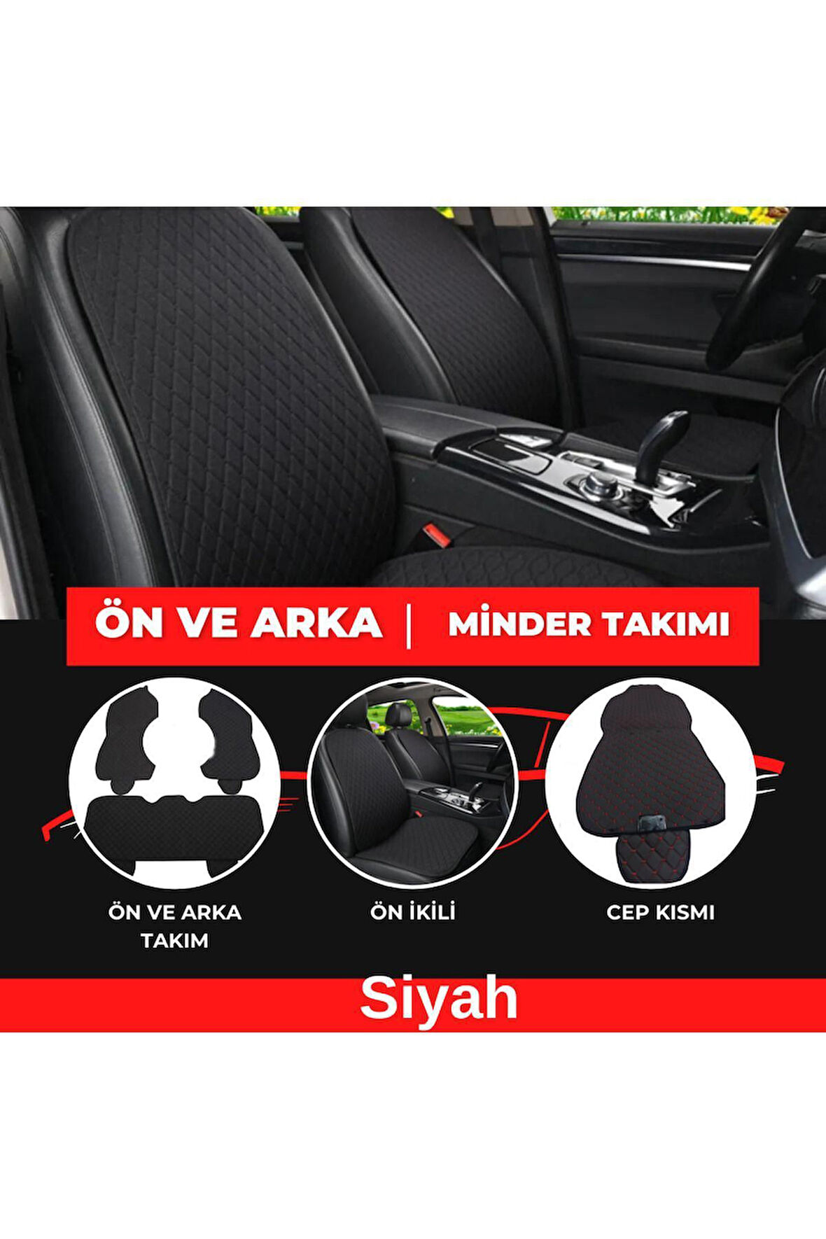 Araba Koltuk Minderi Kumaş Üçlü Koltuk Minderi Terletmez Ergonomik Siyah
