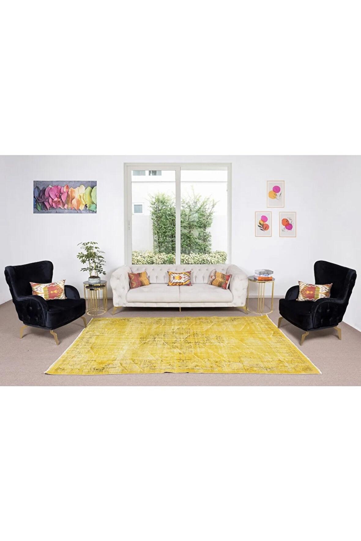 170x293 Cm El Dokuması Yeniden Boyanmış Eski Türk Halısı, Modern Sarı El Yapımı Yünlü Halı