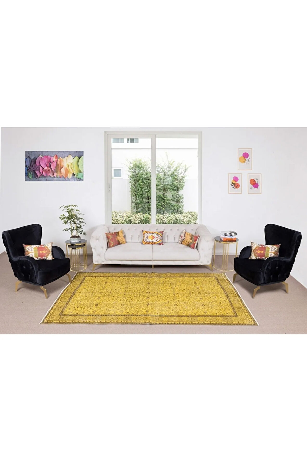180x288 Cm El Dokuması Yeniden Boyanmış Eski Türk Halısı, Modern Sarı El Yapımı Yünlü Halı