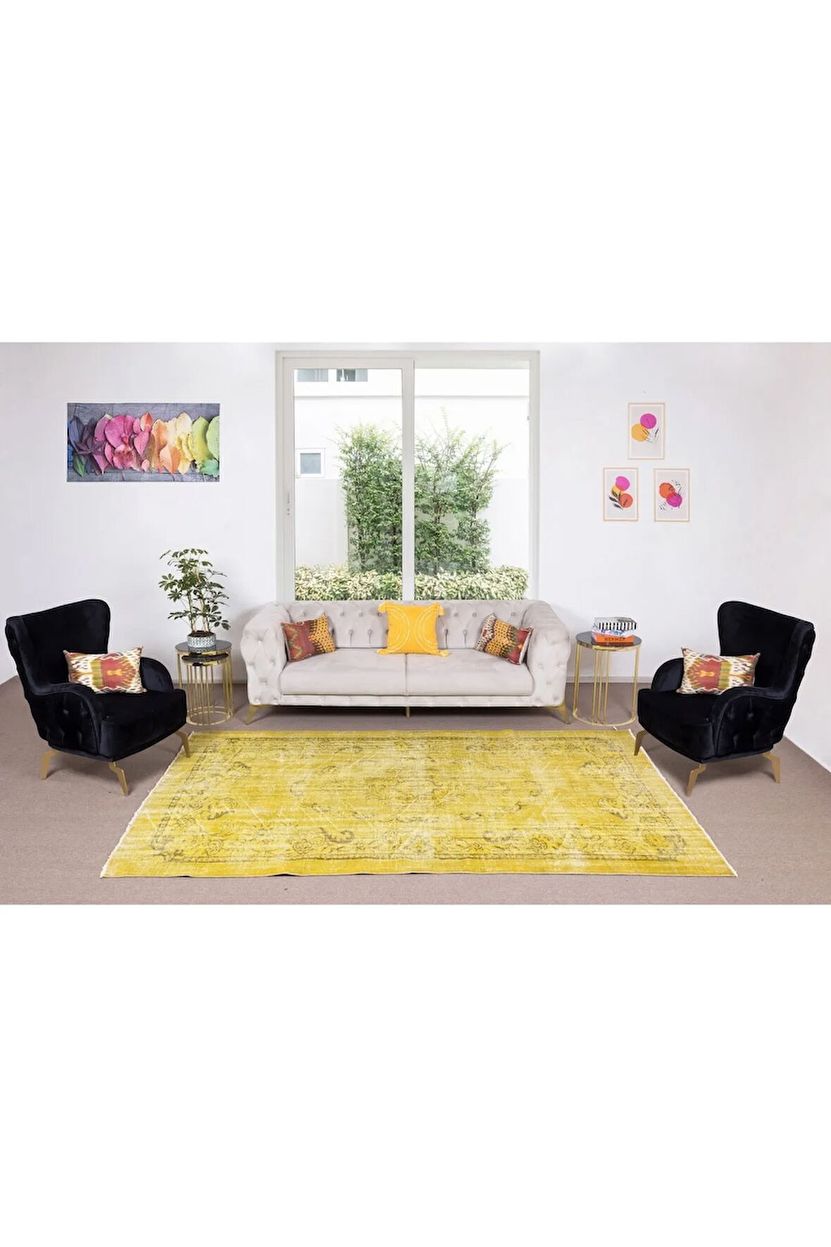 190x306 Cm El Dokuması Yeniden Boyanmış Eski Türk Halısı, Modern Sarı El Yapımı Yünlü Halı