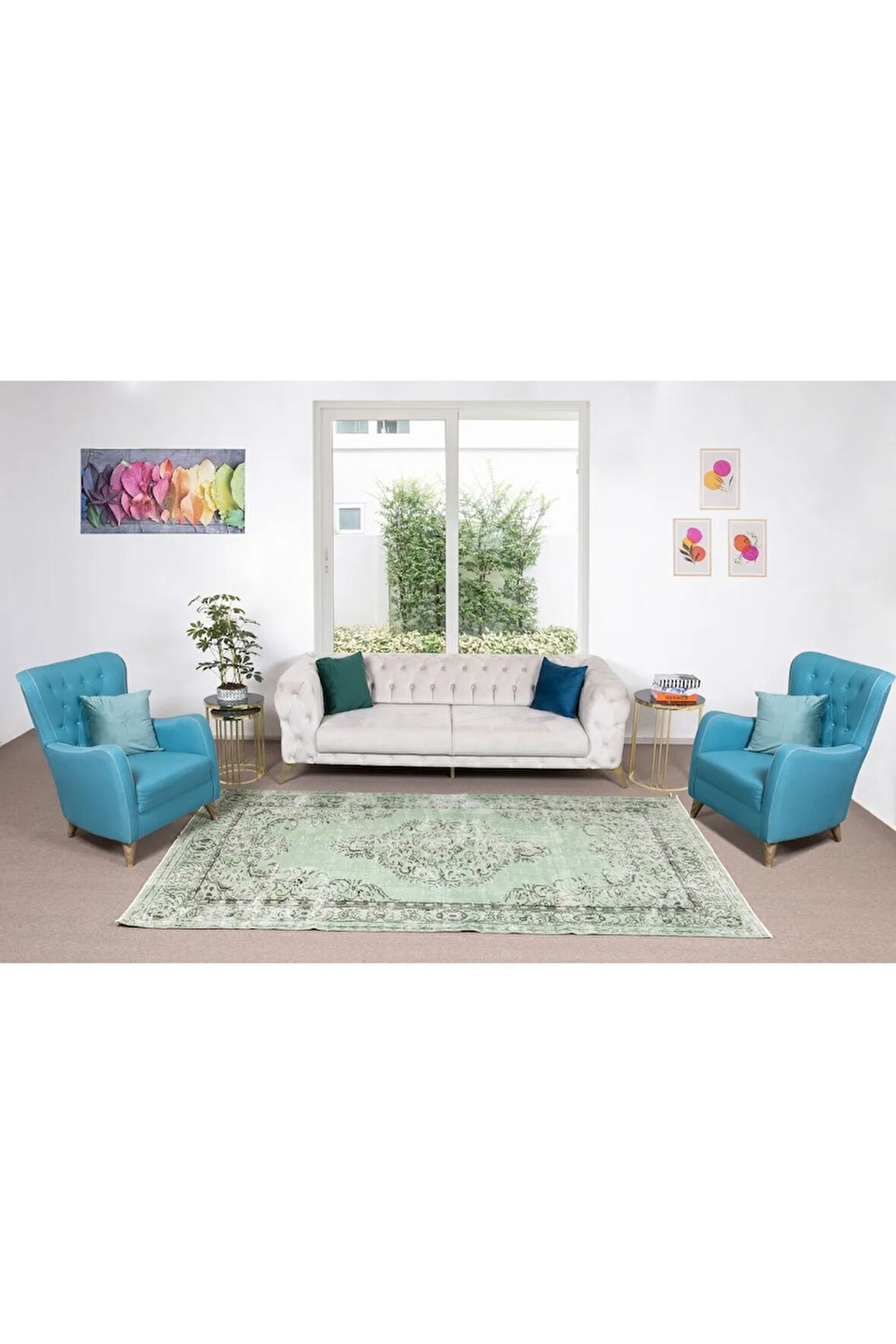 176x300 Cm El Dokuması Yeniden Boyanmış Eski Türk Halısı, Modern Yeşil El Yapımı Yünlü Halı