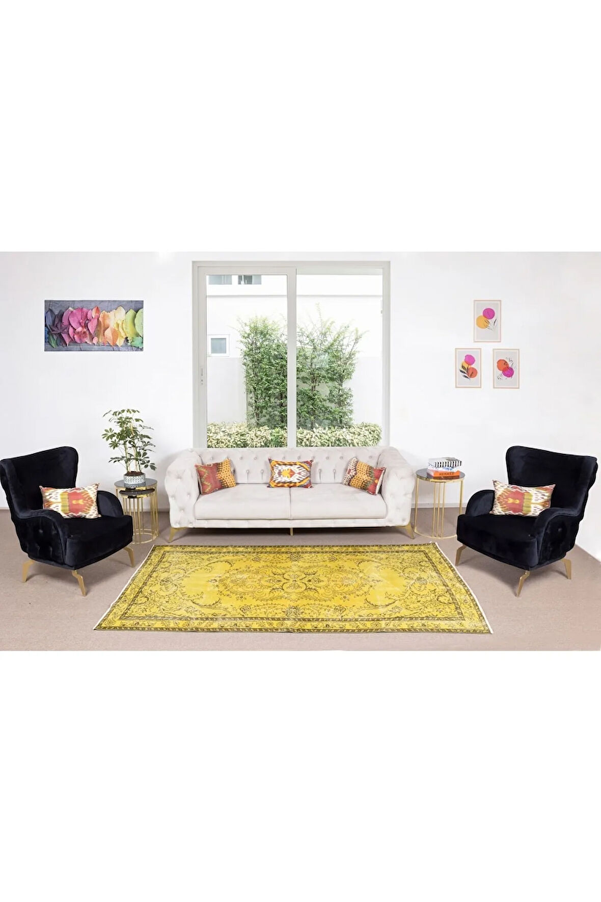163x270 Cm El Dokuması Eski Yeniden Boyanmış Eski Türk Halısı, Modern Sarı El Yapımı Yünlü Halı