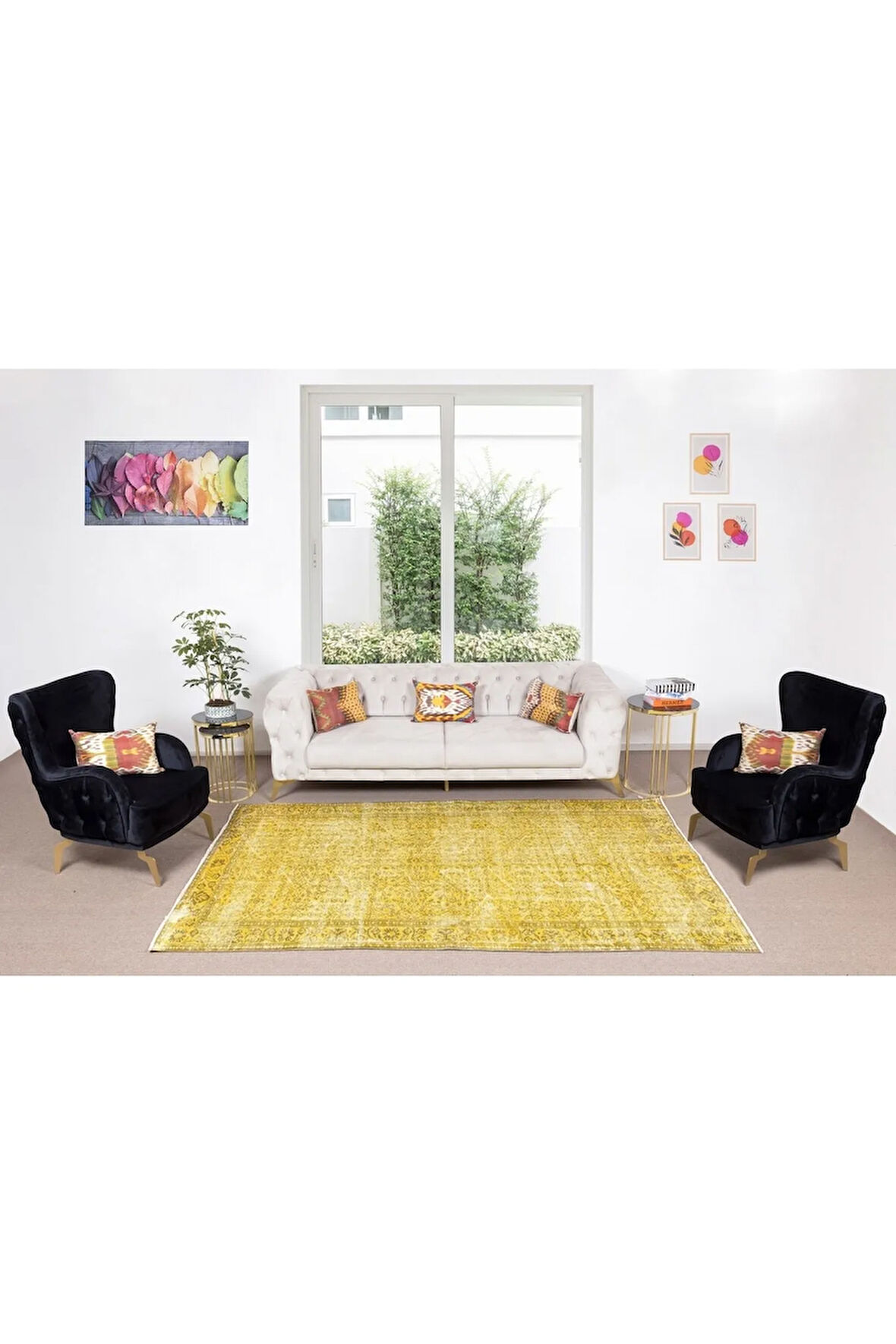 182x278 Cm El Dokuması Yeniden Boyanmış Eski Türk Halısı, Modern Sarı El Yapımı Yünlü Halı