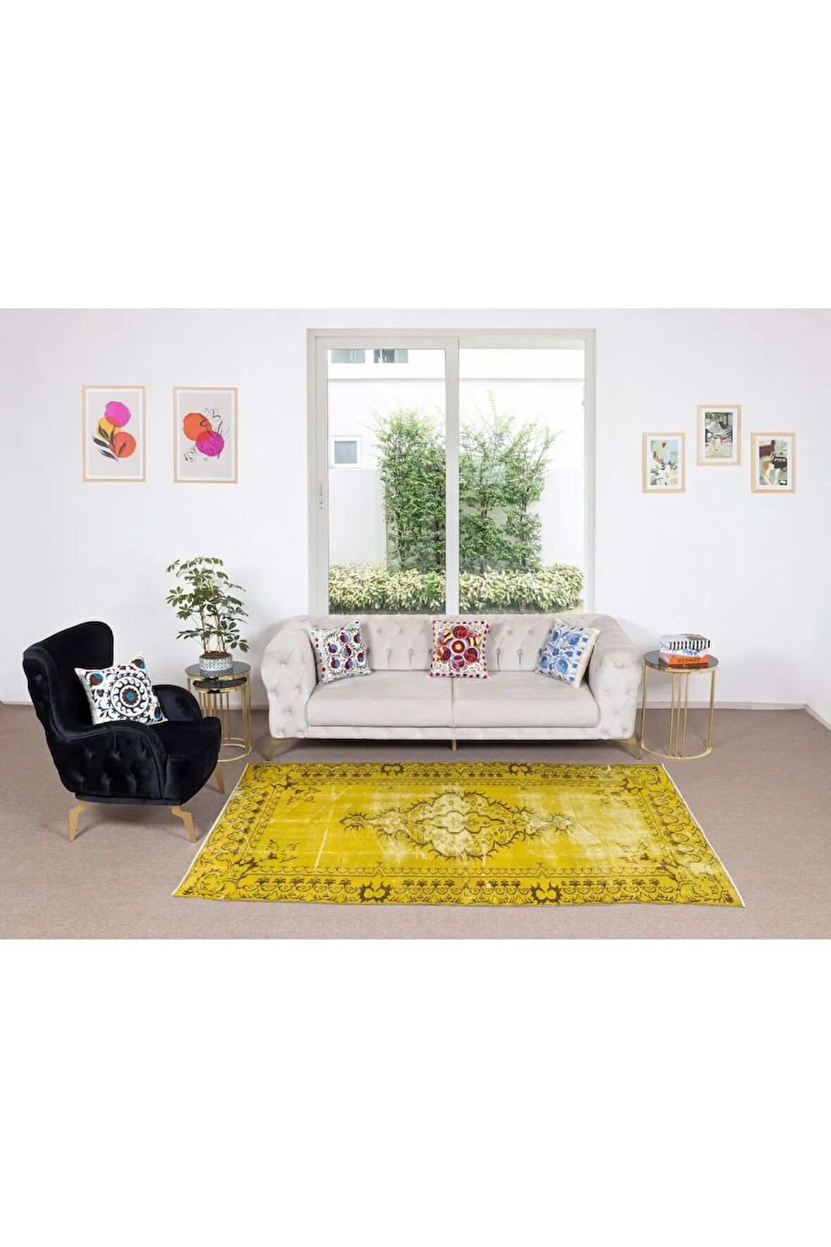 158x250 Cm El Dokuması Yeniden Boyanmış Eski Türk Halısı, Modern Sarı El Yapımı Yünlü Halı