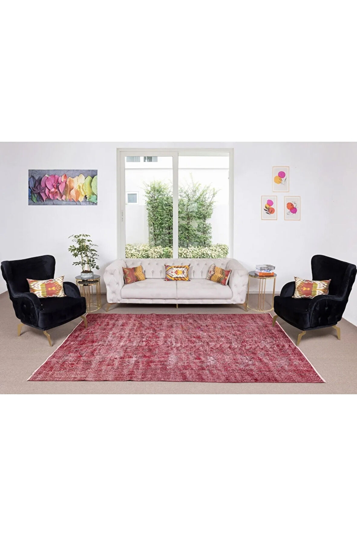 183x295 Cm El Dokuması Yeniden Boyanmış Eski Türk Halısı, Modern Kırmızı El Yapımı Yünlü Halı