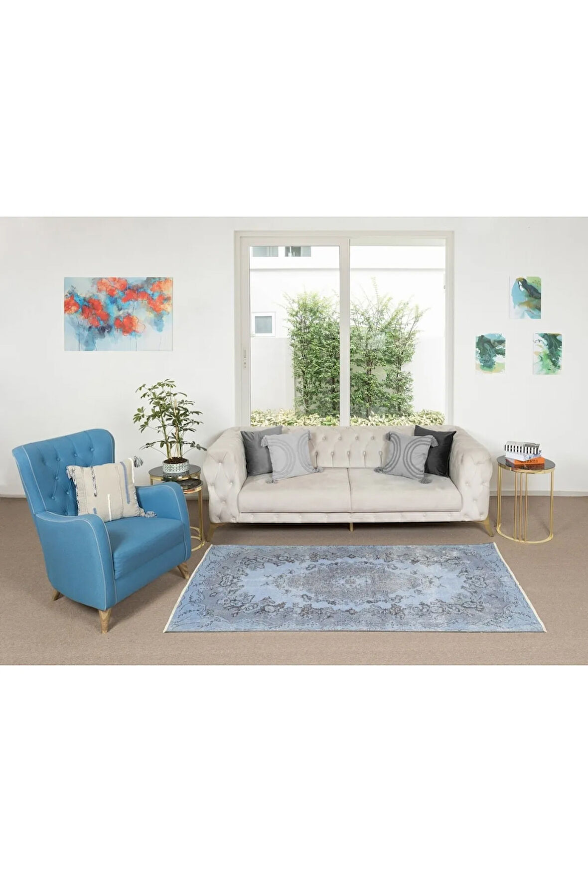 120x214 Cm El Dokuması Yeniden Boyanmış Eski Türk Halısı, Modern Mavi El Yapımı Yünlü Halı