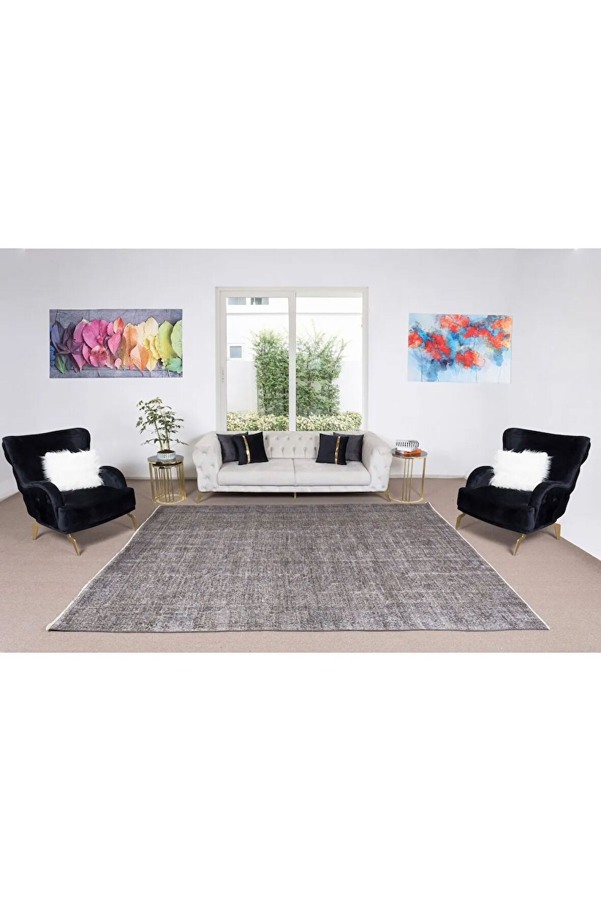 226x320 Cm El Dokuması Yeniden Boyanmış Eski Türk Halısı, Modern Gri El Yapımı Yünlü Halı