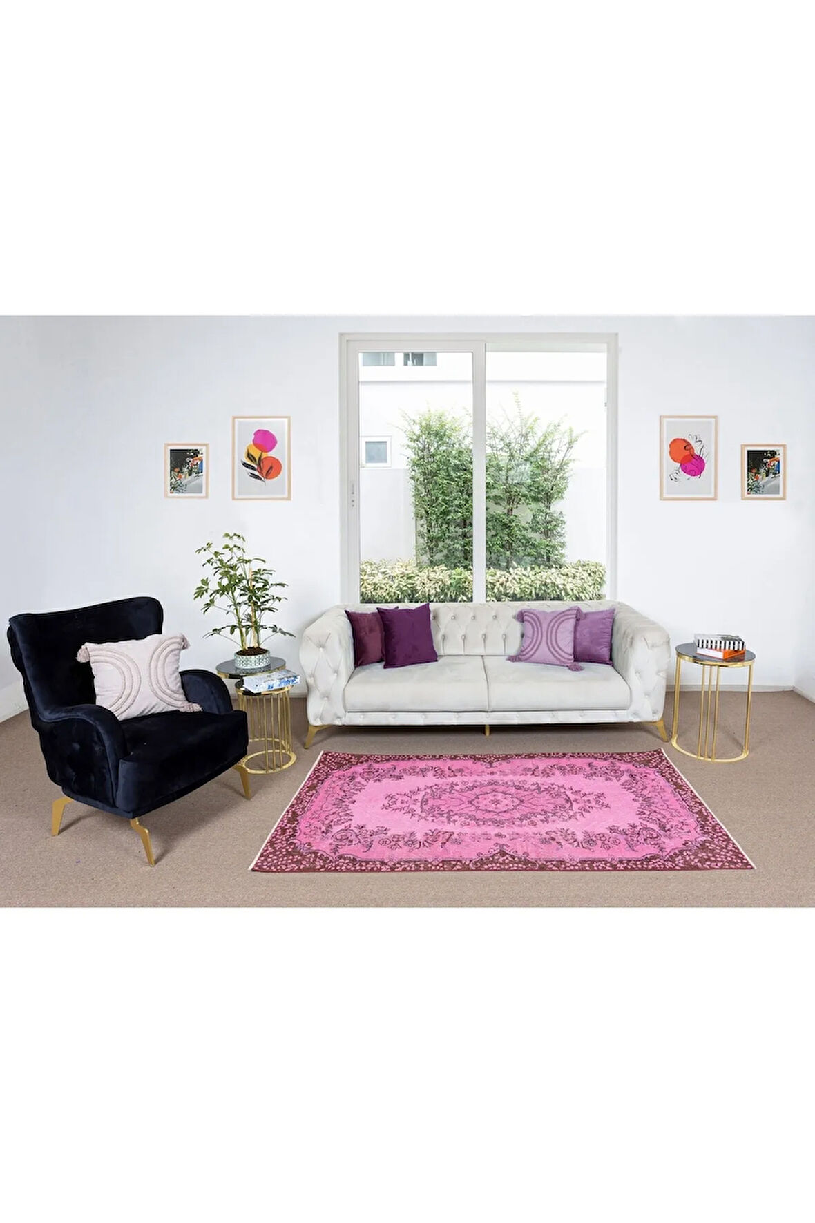 117x217 Cm El Dokuması Yeniden Boyanmış Eski Türk Halısı, Modern Pembe El Yapımı Yünlü Halı