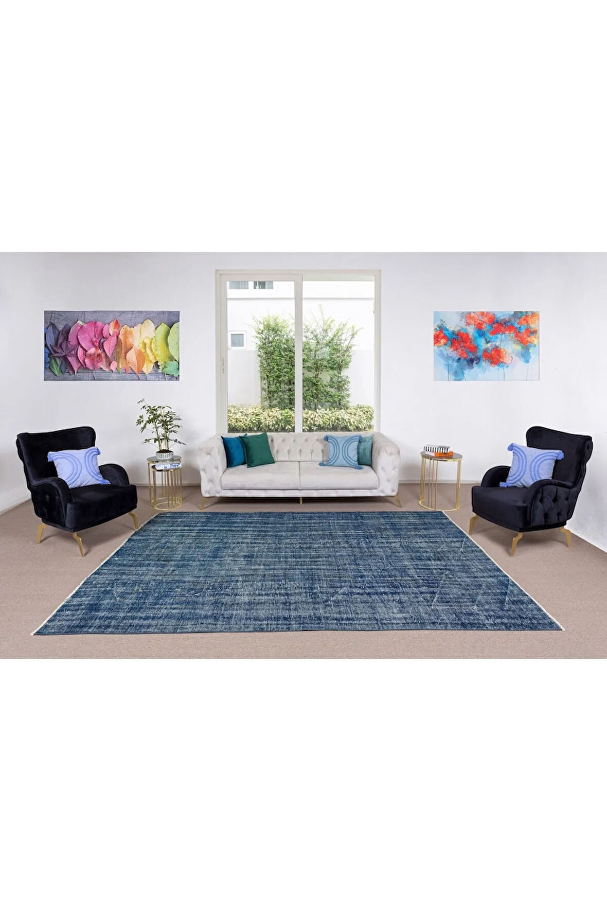 210x324 Cm Modern Maviye Yeniden Boyanmış El Yapımı Yünlü Halı, El Dokuması Eski Türk Halısı