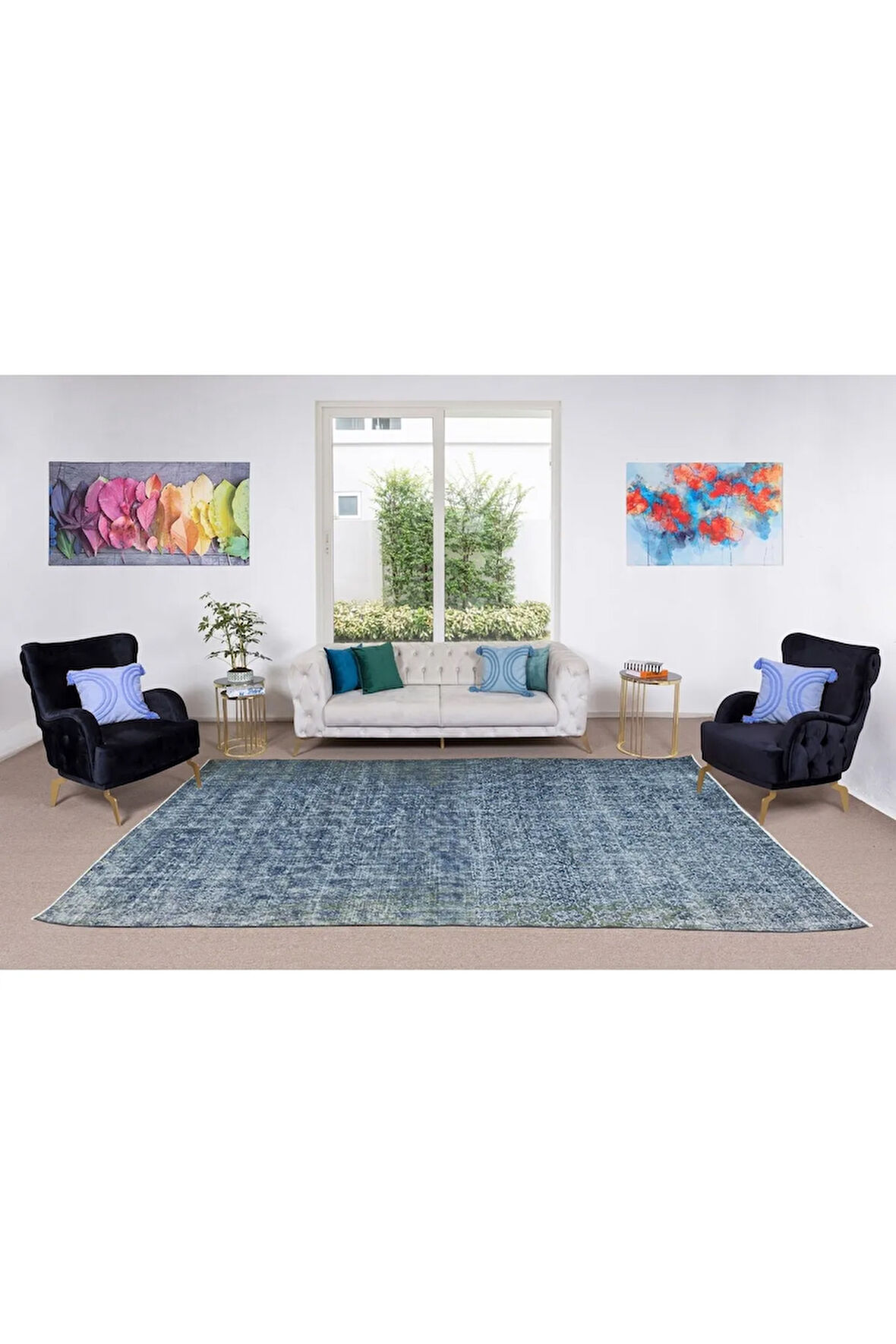 215x320 Cm Modern Maviye Yeniden Boyanmış El Yapımı Yünlü Halı, El Dokuması Eski Türk Halısı