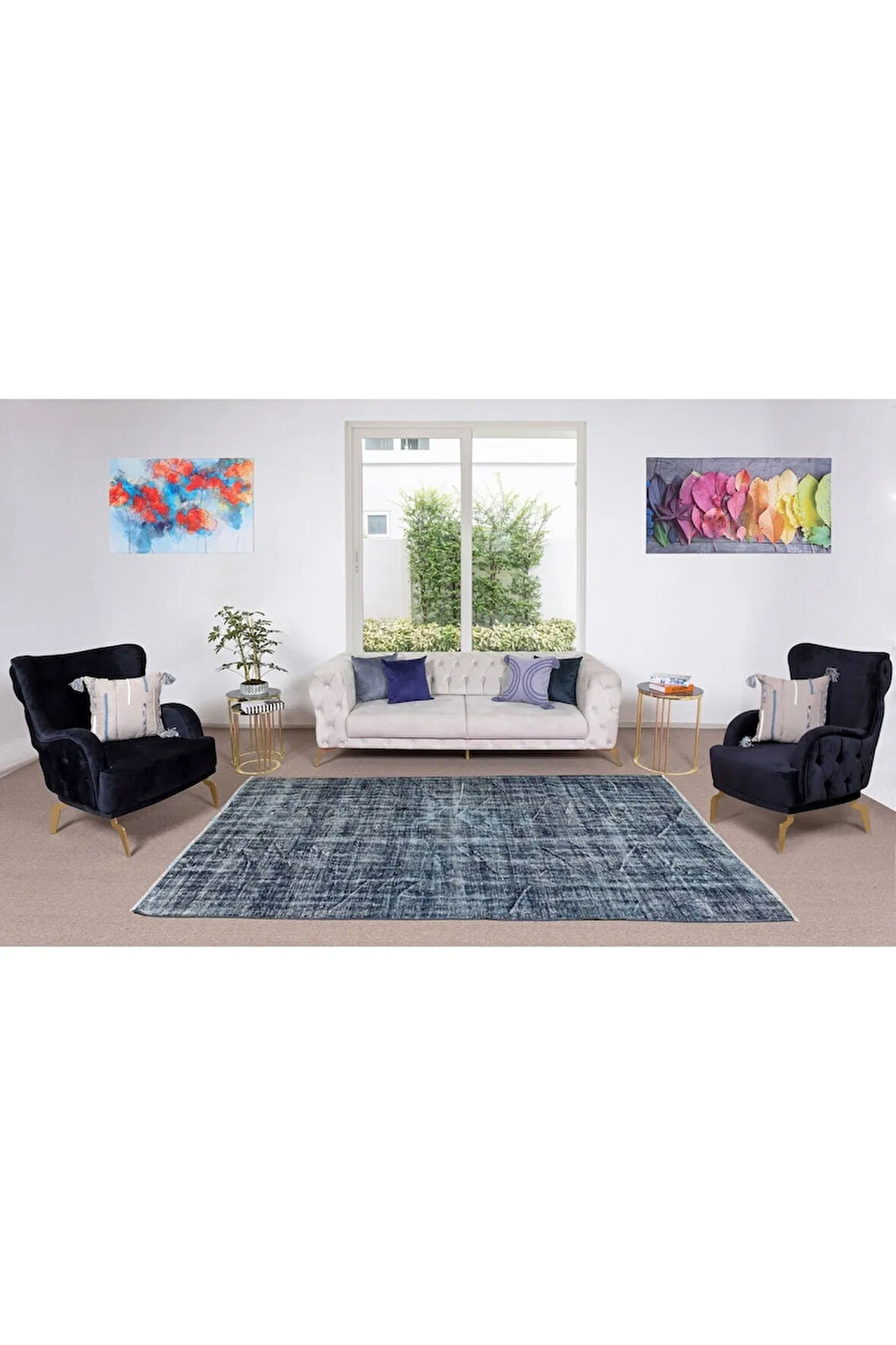 178x285 Cm Mavi Tonlarda Yünlü Ve Pamuklu Halı, Modern El Dokuması Boyanmış Eski Türk Halısı