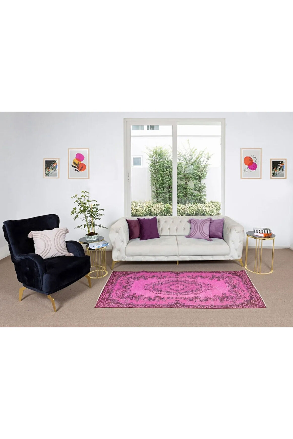105x210 Cm El Dokuması Yeniden Boyanmış Eski Türk Halısı, Modern Pembe El Yapımı Yünlü Halı