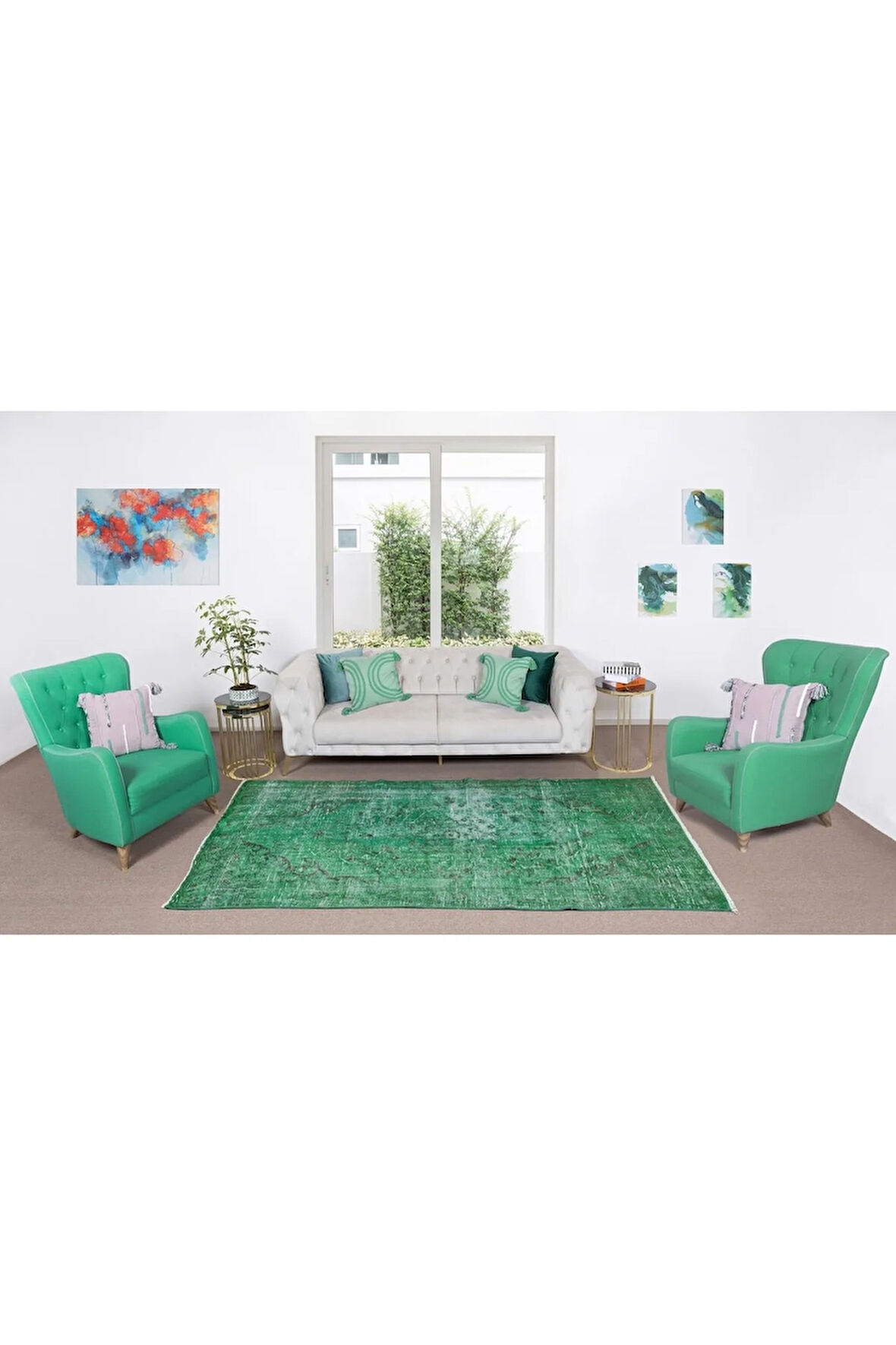 145x281 Cm El Dokuması Yeniden Boyanmış Eski Türk Halısı, Modern Yeşil El Yapımı Yünlü Halı