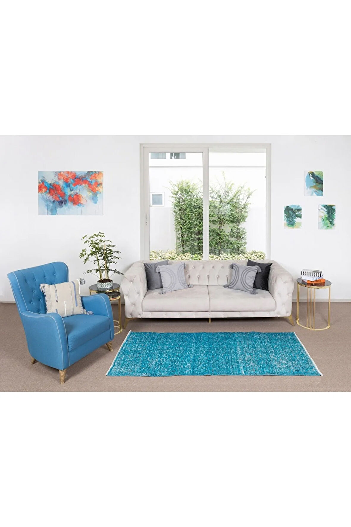 90x183 Cm El Dokuması Yeniden Boyanmış Eski Türk Halısı, Modern Mavi El Yapımı Yünlü Halı