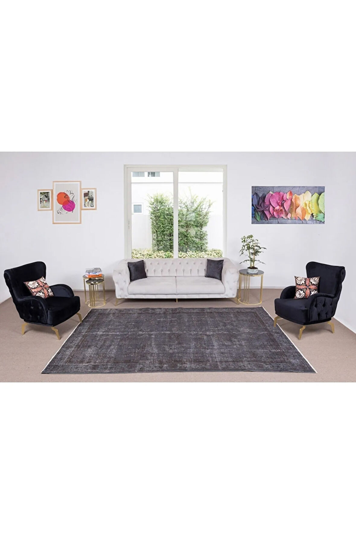 212x324 Cm El Dokuması Yeniden Boyanmış Eski Türk Halısı, Modern Gri El Yapımı Yünlü Halı