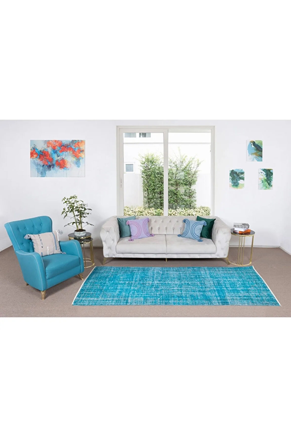 140x250 Cm El Dokuması Yeniden Boyanmış Eski Türk Halısı, Modern Mavi El Yapımı Yünlü Halı