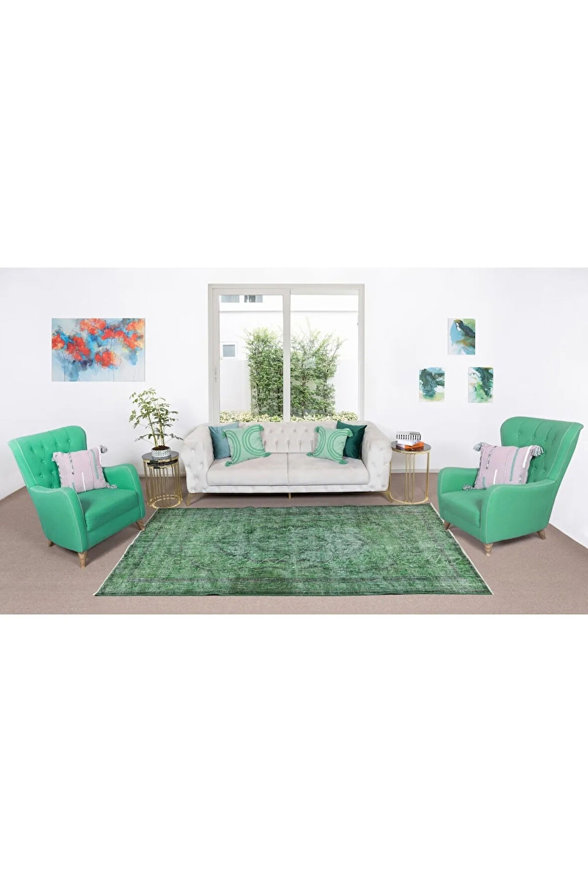 168x292 Cm El Dokuması Yeniden Boyanmış Eski Türk Halısı, Modern Yeşil El Yapımı Yünlü Halı