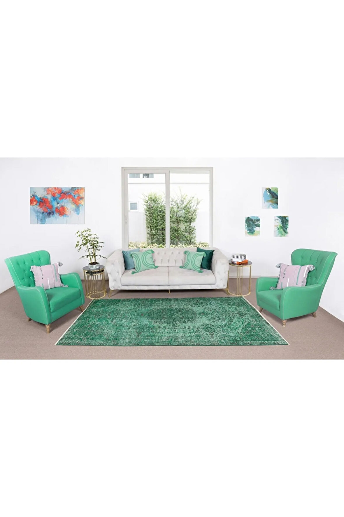 166x270 Cm El Dokuması Yeniden Boyanmış Eski Türk Halısı, Modern Yeşil El Yapımı Yünlü Halı