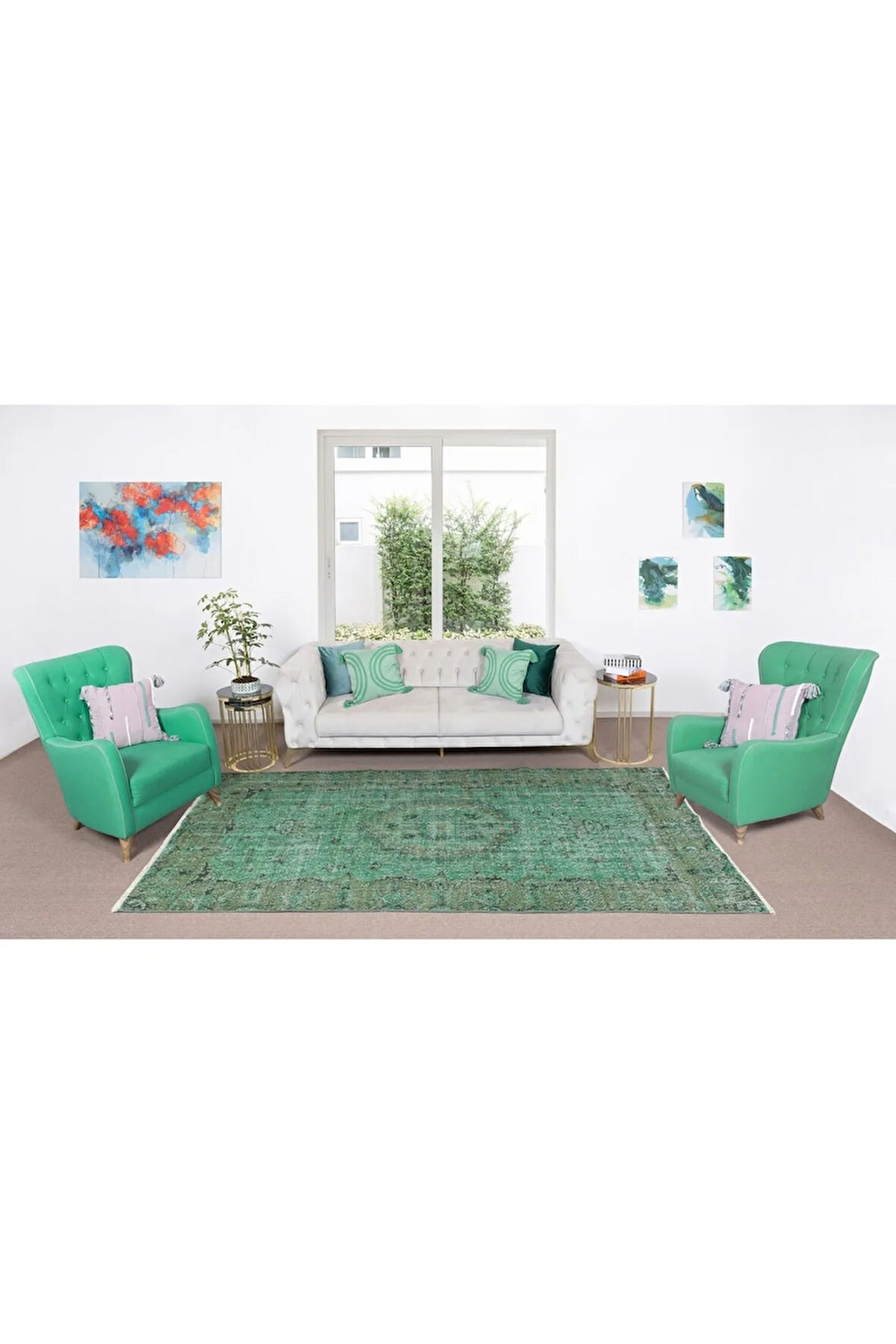 170x289 Cm El Dokuması Yeniden Boyanmış Eski Türk Halısı, Modern Yeşil El Yapımı Yünlü Halı