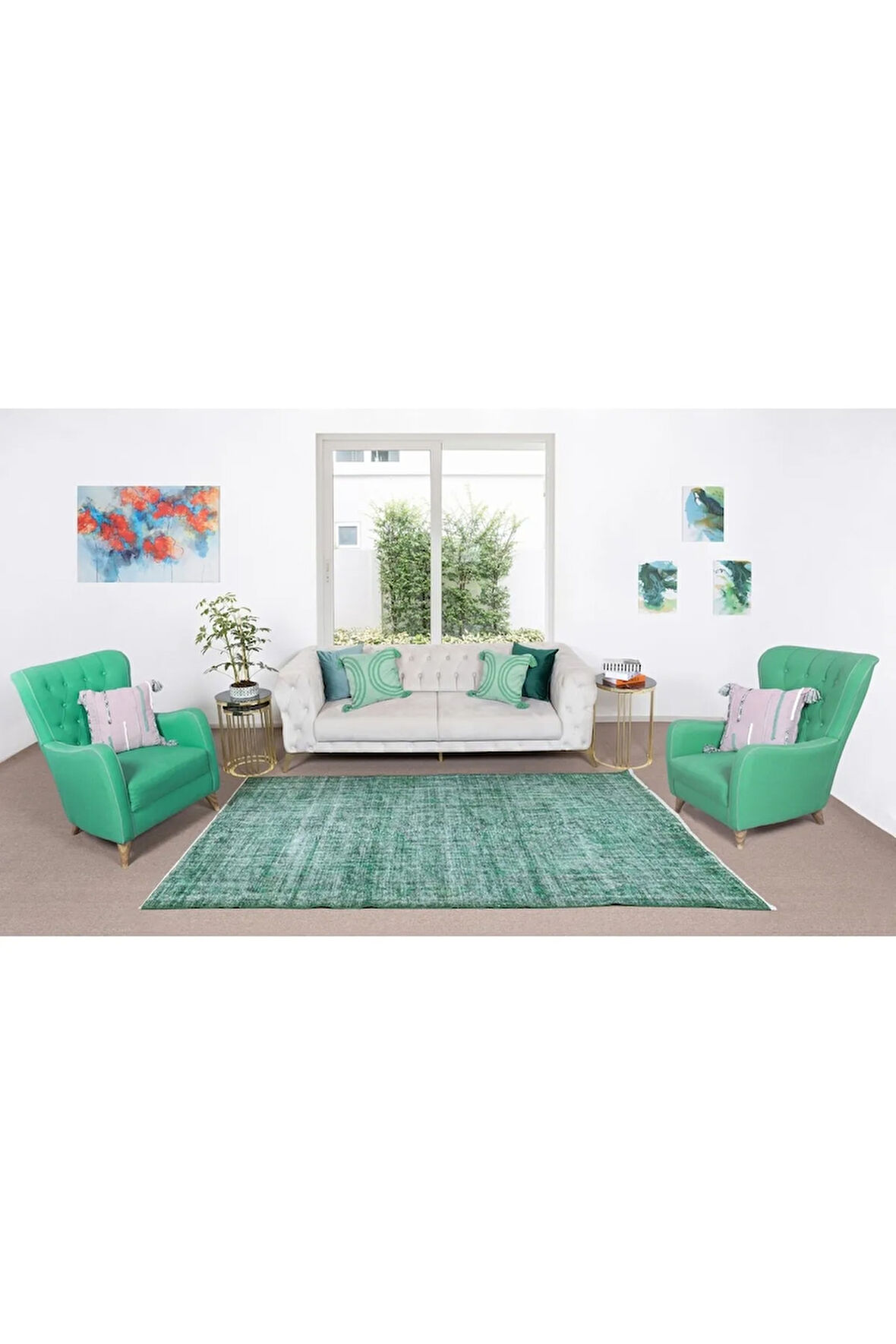 182x292 Cm El Dokuması Yeniden Boyanmış Eski Türk Halısı, Modern Yeşil El Yapımı Yünlü Halı