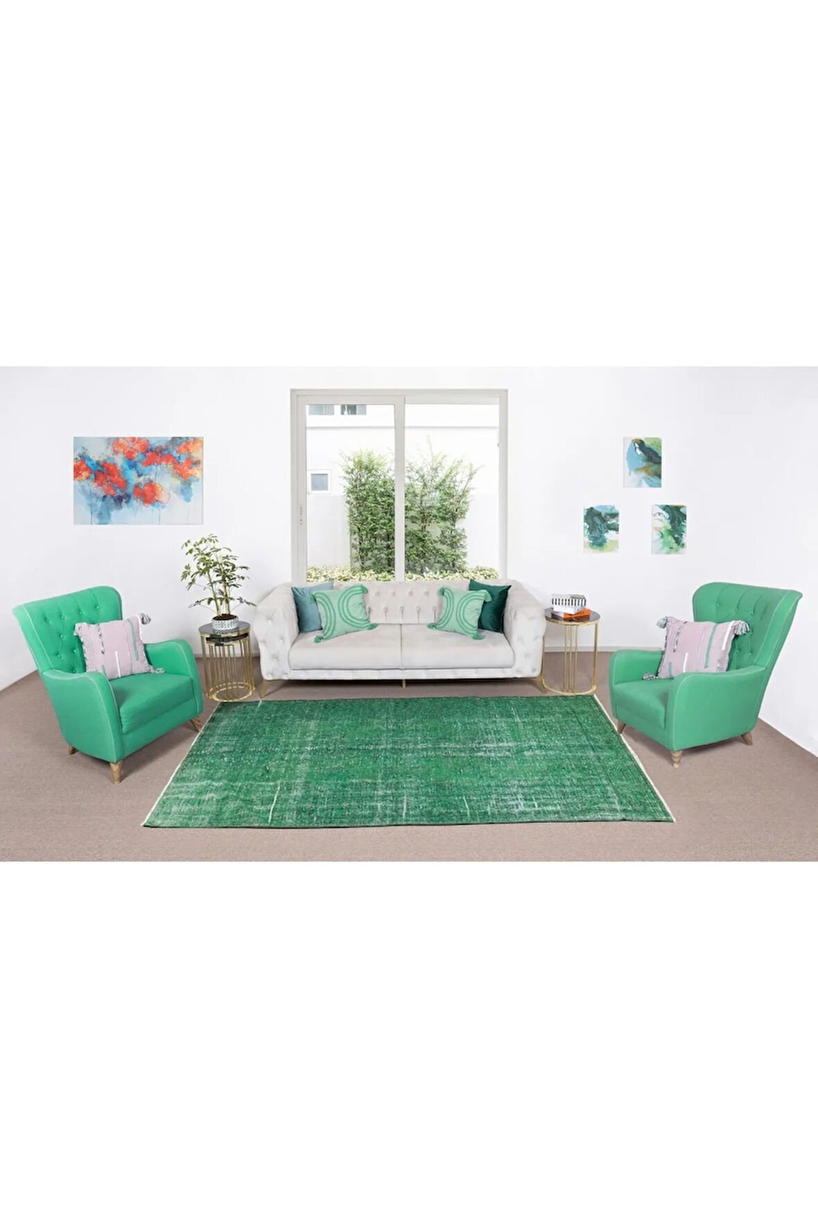 170x273 Cm El Dokuması Yeniden Boyanmış Eski Türk Halısı, Modern Yeşil El Yapımı Yünlü Halı