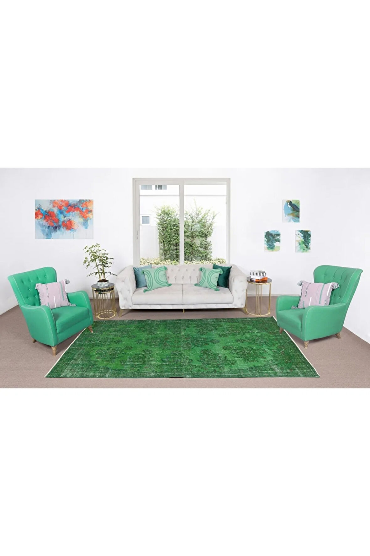 200x325 Cm El Dokuması Yeniden Boyanmış Eski Türk Halısı, Modern Yeşil El Yapımı Yünlü Halı