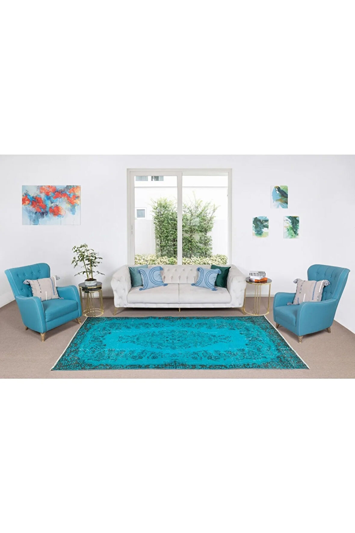 178x297 Cm Mavi Tonlarda Yünlü Ve Pamuklu Halı, Modern El Dokuması Boyanmış Eski Türk Halısı