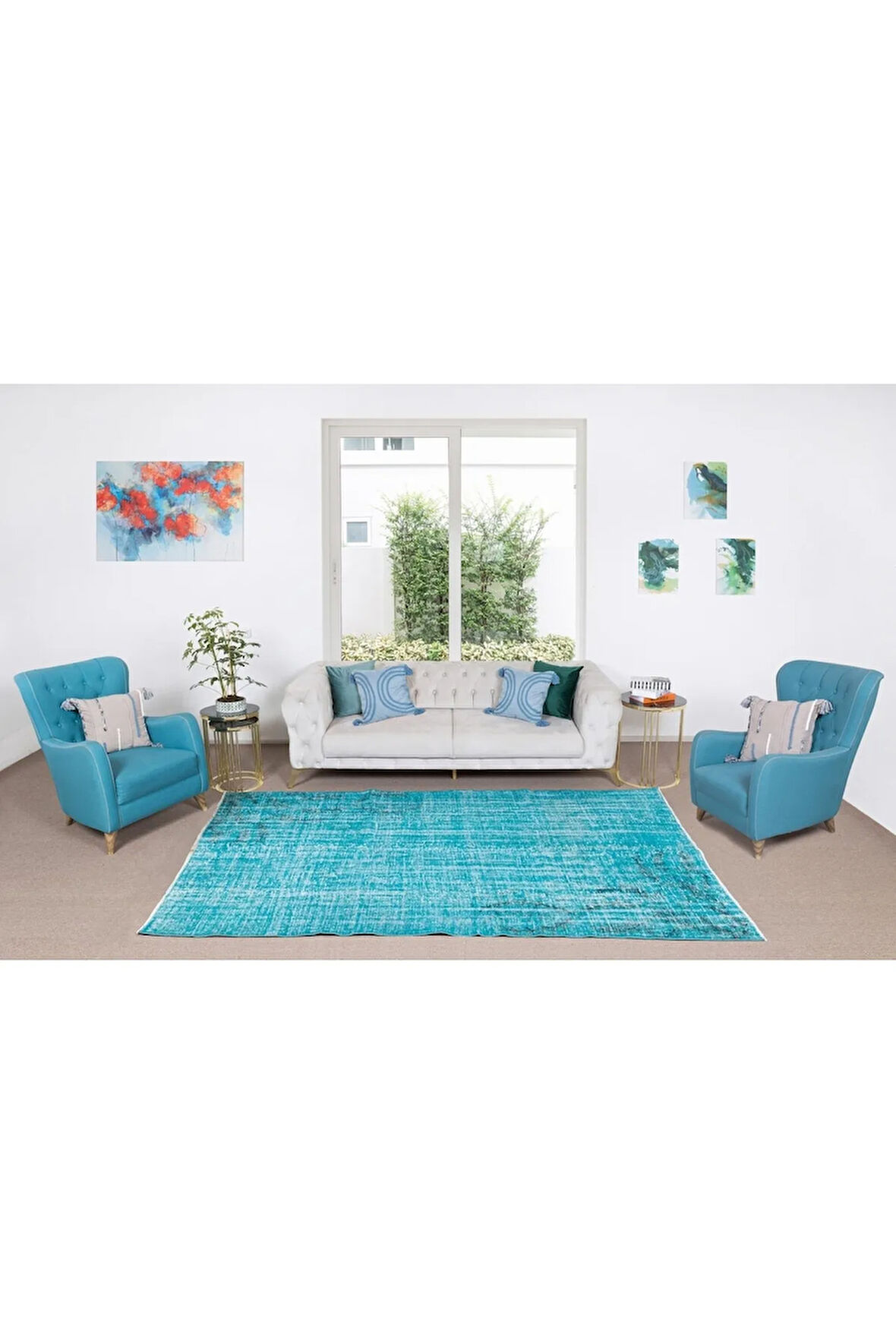 180x262 Cm Mavi Tonlarda Yünlü Ve Pamuklu Halı, Modern El Dokuması Boyanmış Eski Türk Halısı