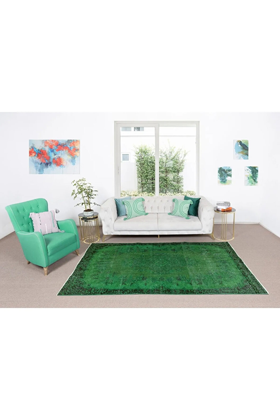 165x264 Cm El Dokuması Yeniden Boyanmış Eski Türk Halısı, Modern Yeşil El Yapımı Yünlü Halı