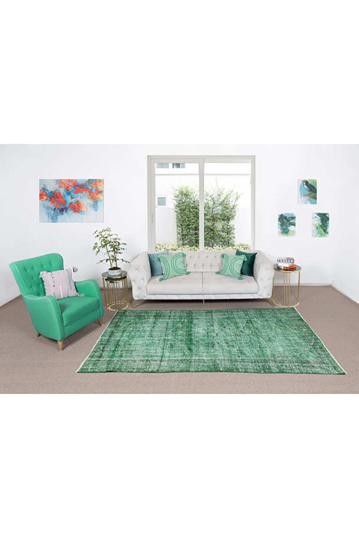 153x257 Cm El Dokuması Yeniden Boyanmış Eski Türk Halısı, Modern Yeşil El Yapımı Yünlü Halı