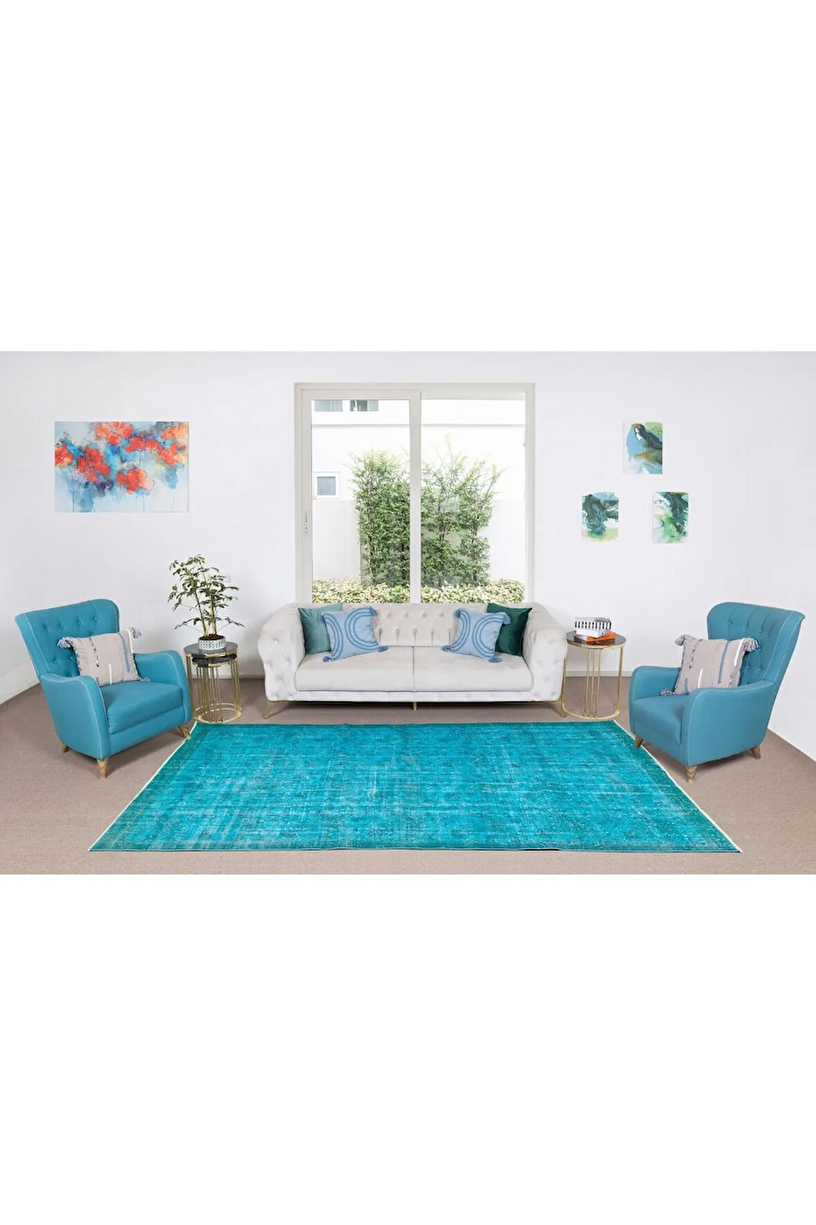 200x312 Cm Modern Maviye Yeniden Boyanmış El Yapımı Yünlü Halı, El Dokuması Eski Türk Halısı