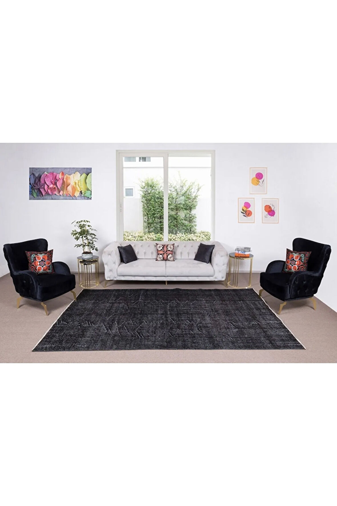 212x320 Cm El Dokuması Yeniden Boyanmış Eski Türk Halısı, Modern Siyah El Yapımı Yünlü Halı