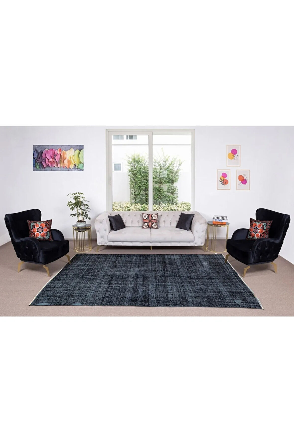 210x306 Cm El Dokuması Yeniden Boyanmış Eski Türk Halısı, Modern Siyah El Yapımı Yünlü Halı
