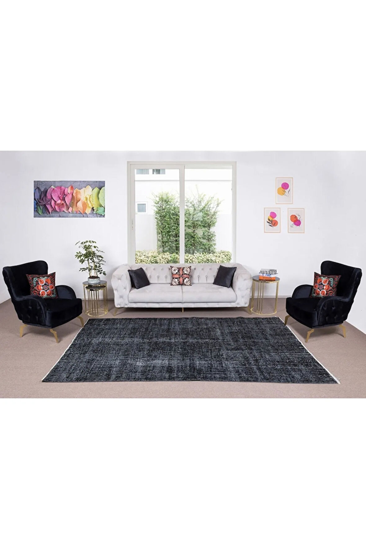 203x316 Cm El Dokuması Yeniden Boyanmış Eski Türk Halısı, Modern Siyah El Yapımı Yünlü Halı