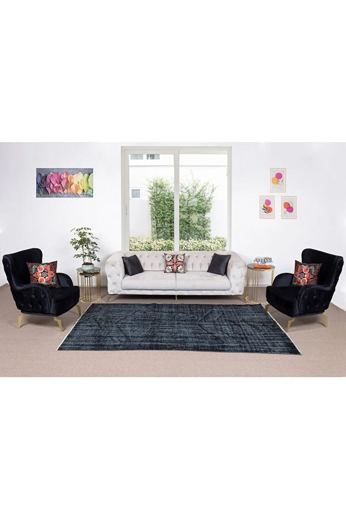 170x285 Cm El Dokuması Yeniden Boyanmış Eski Türk Halısı, Modern Siyah El Yapımı Yünlü Halı