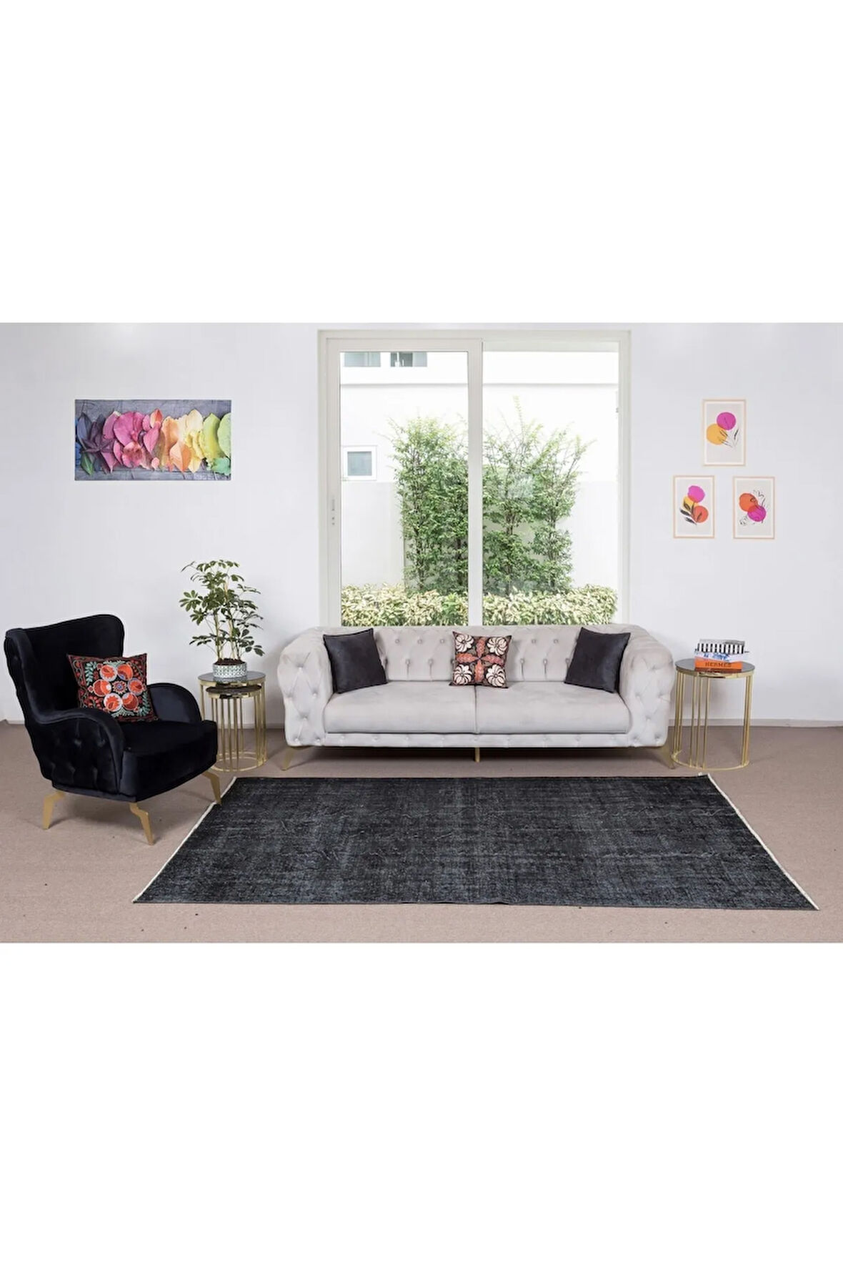 170x277 Cm El Dokuması Yeniden Boyanmış Eski Türk Halısı, Modern Siyah El Yapımı Yünlü Halı