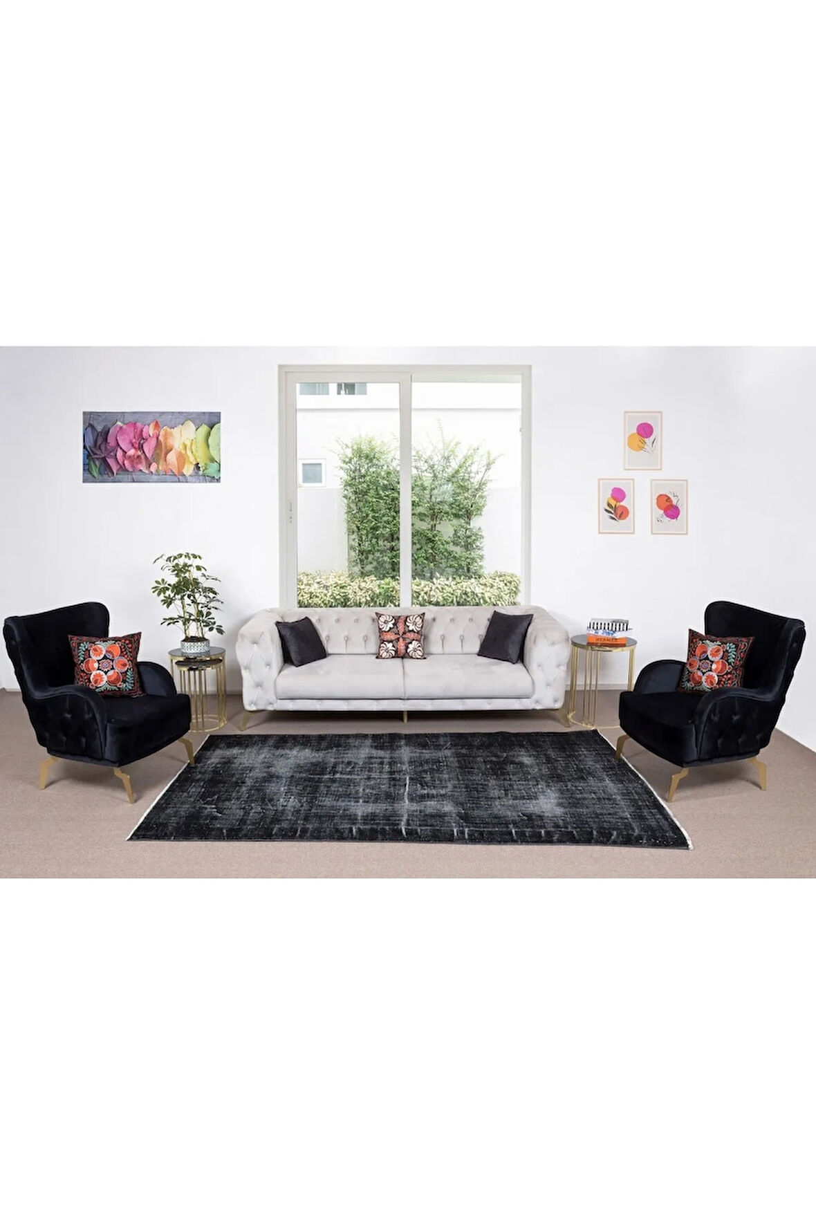 172x278 Cm El Dokuması Yeniden Boyanmış Eski Türk Halısı, Modern Siyah El Yapımı Yünlü Halı