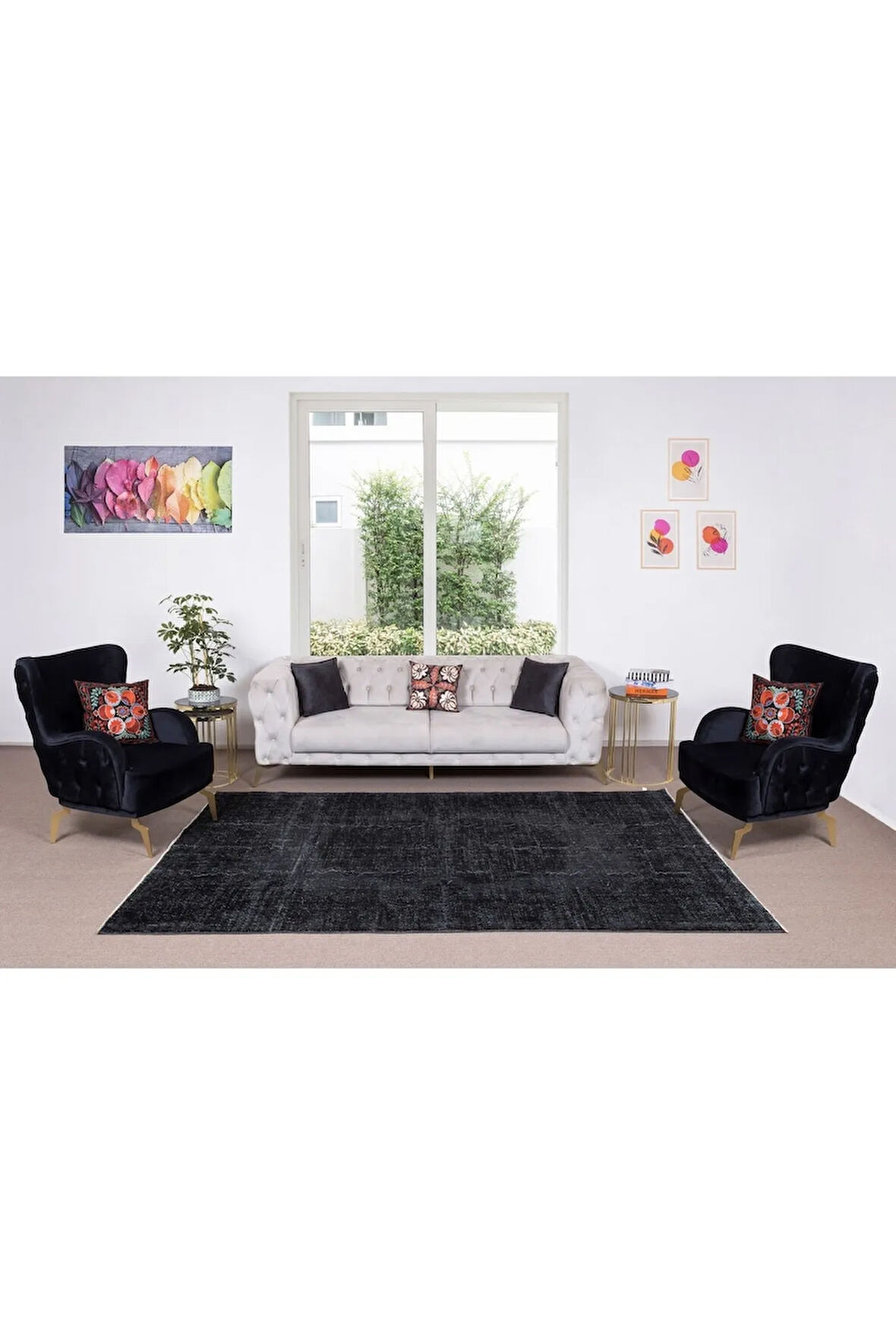 195x292 Cm El Dokuması Yeniden Boyanmış Eski Türk Halısı, Modern Siyah El Yapımı Yünlü Halı