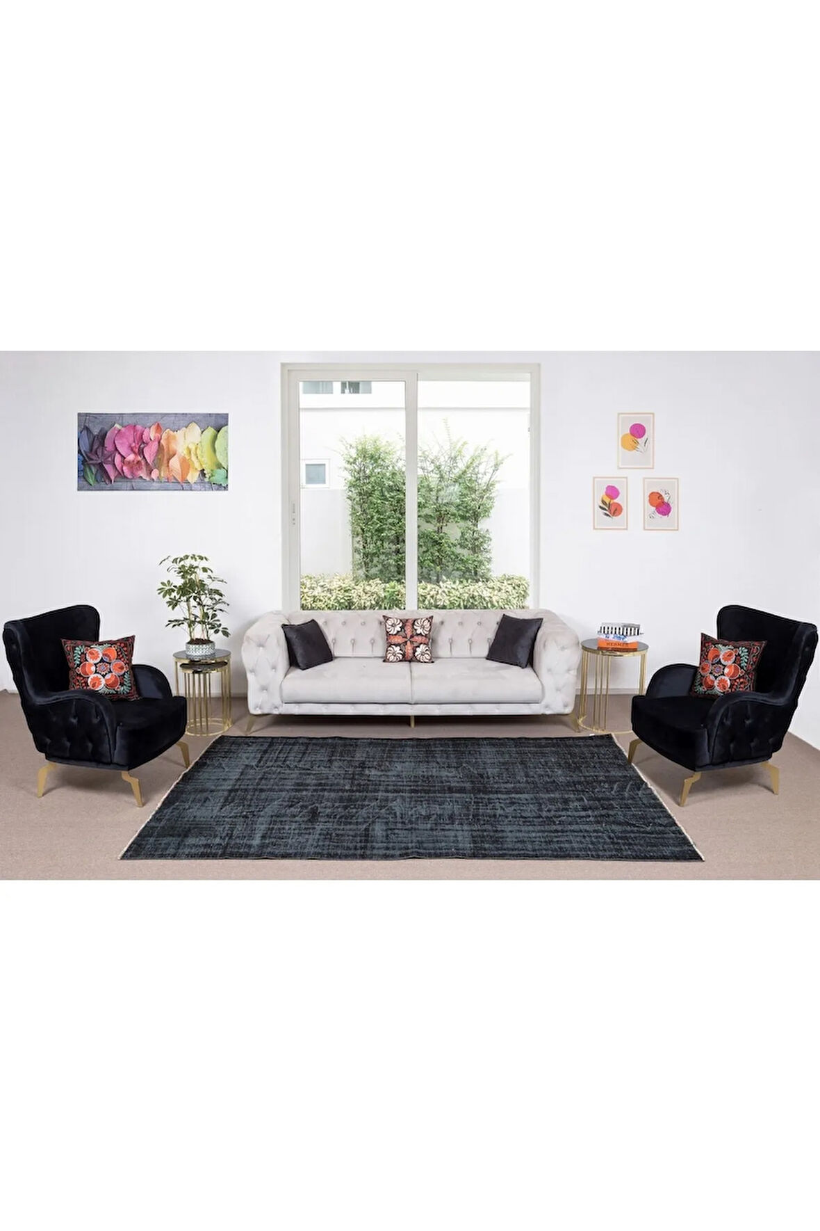 183x276 Cm El Dokuması Yeniden Boyanmış Eski Türk Halısı, Modern Siyah El Yapımı Yünlü Halı