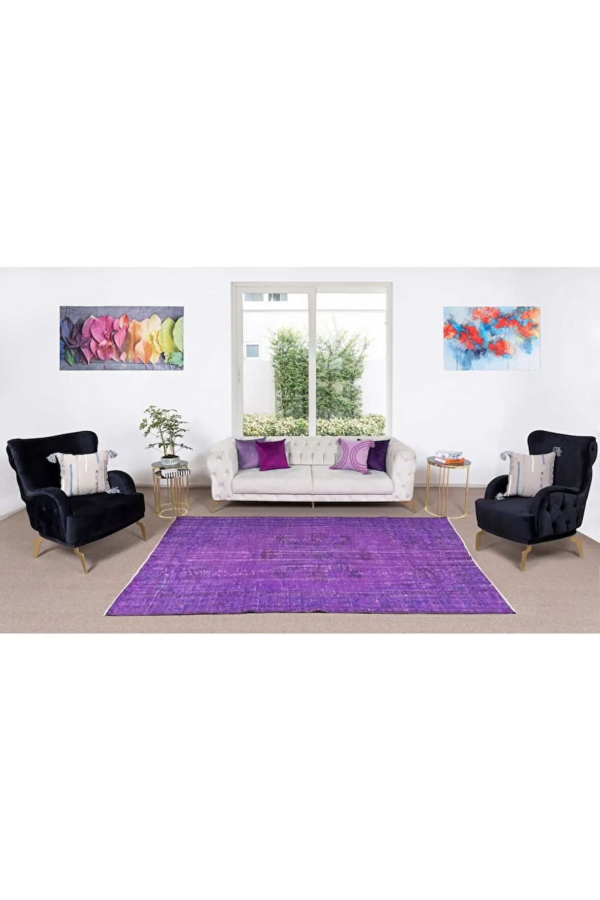 178x253 Cm El Dokuması Yeniden Boyanmış Eski Türk Halısı, Modern Mor El Yapımı Yünlü Halı