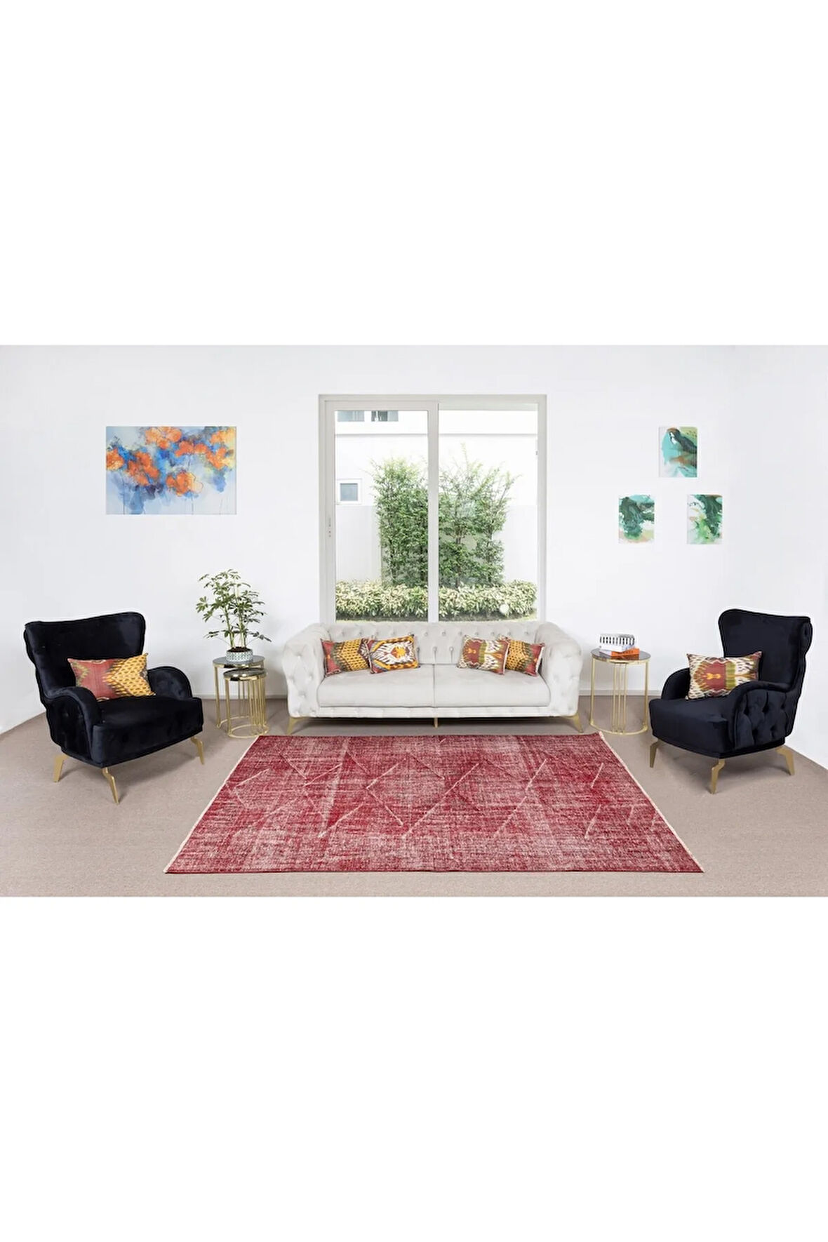 171x245 Cm El Dokuması Yeniden Boyanmış Eski Türk Halısı, Modern Kırmızı El Yapımı Yünlü Halı