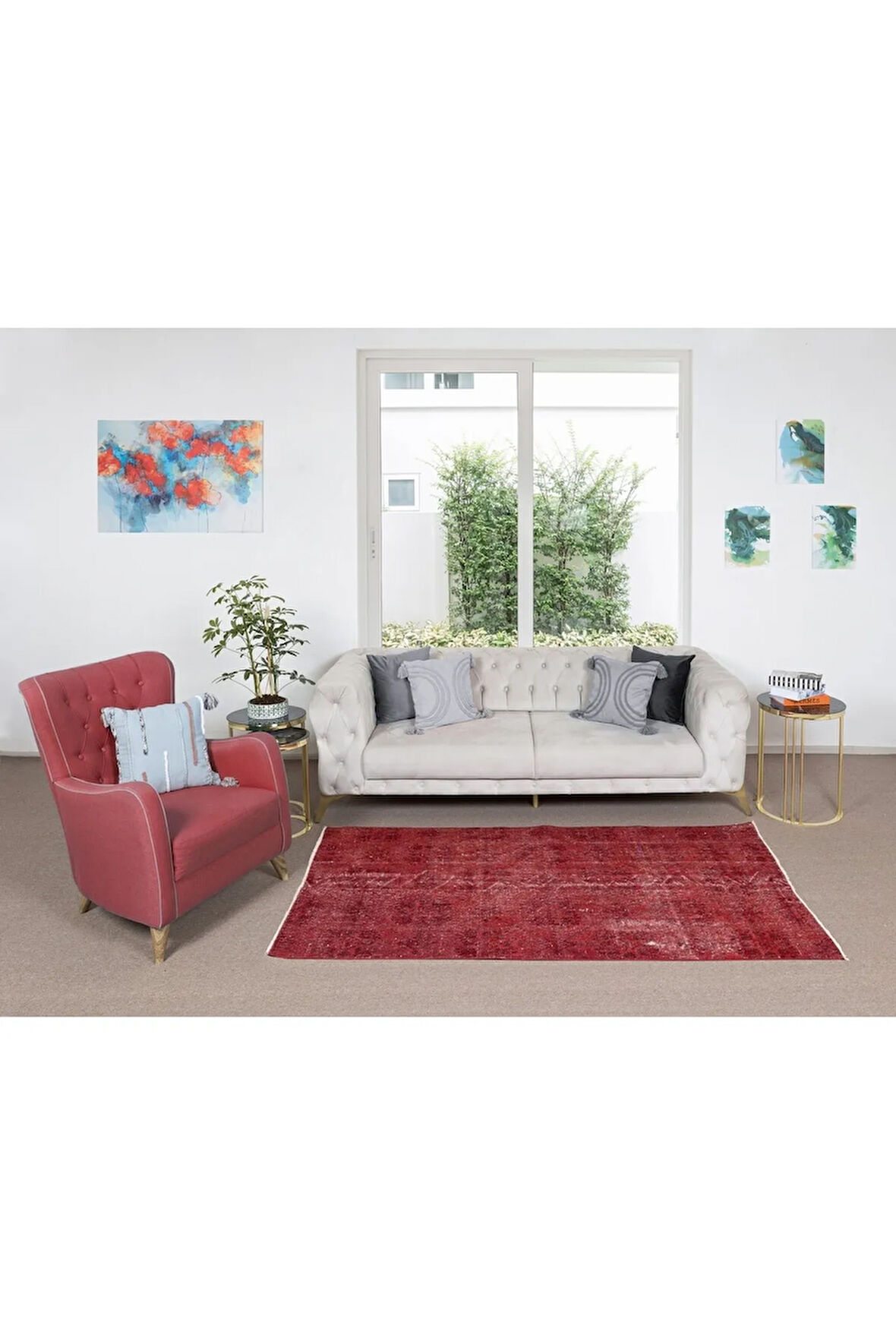 118x203 Cm El Dokuması Yeniden Boyanmış Eski Türk Halısı, Modern Kırmızı El Yapımı Yünlü Halı